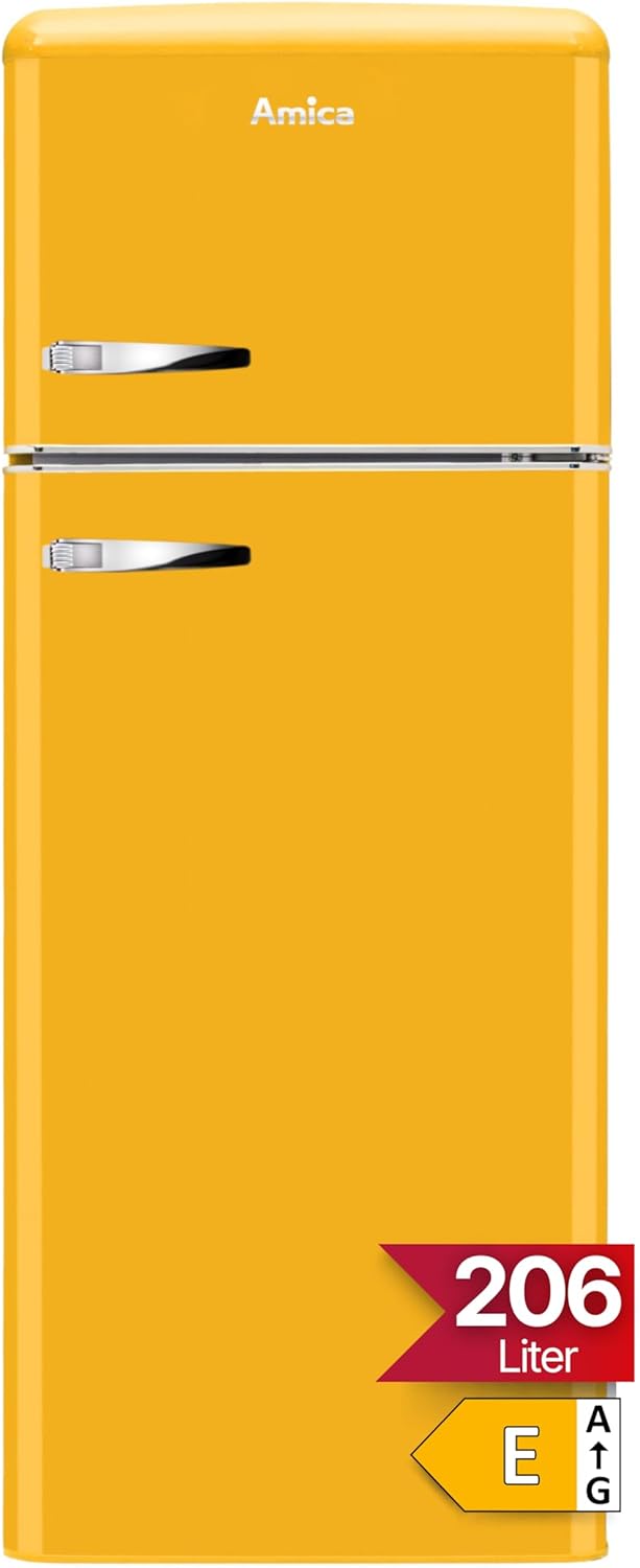 Amica KGC 15633 Y Retro Fridge/Freezer Combination / Honey Yellow / 144 cm (H) x 55 cm (W) x 62 cm (D) / Retro Design / Fridge Freezer