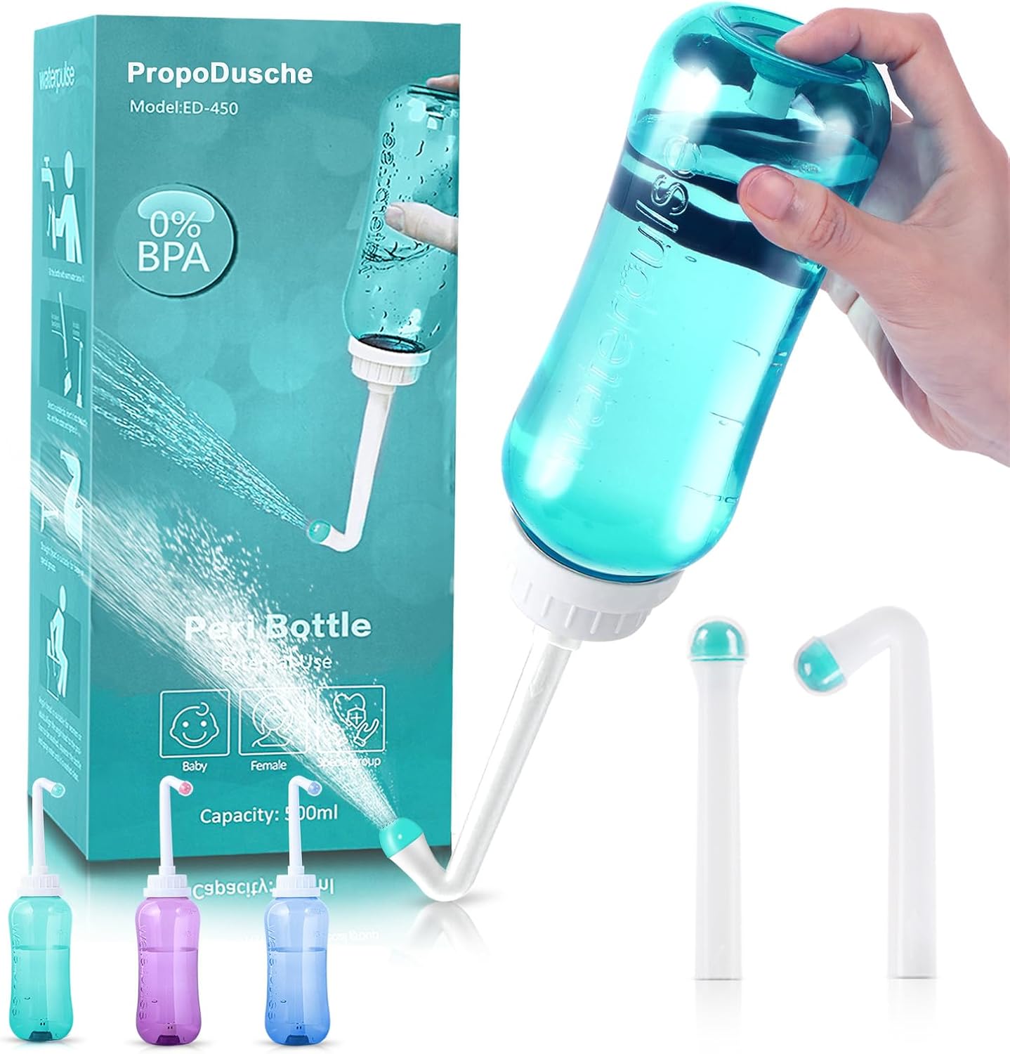 PropoDusche Po Shower 500 ml, Shower with Button, Pop Shower with Double Nozzle, Portable Bidet, Peri Bottle, Intimate Shower, Weekly Bed, Woman, Toilet, Waterproof