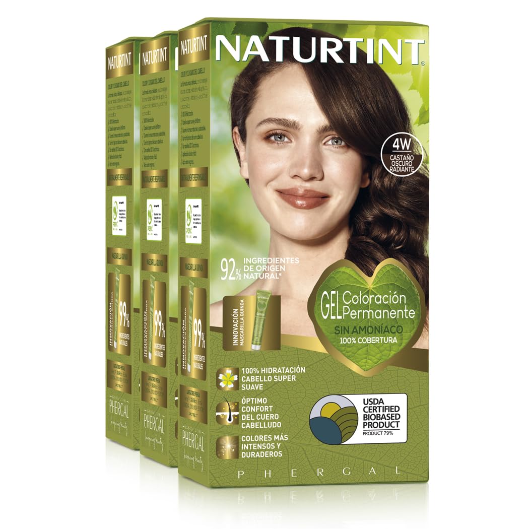 Naturtint Biobased Hair Color Without Ammonia, 4 W Radiant Dark Brown, High Percentage of Natural Ingredients, Pack of 3, 510 ml