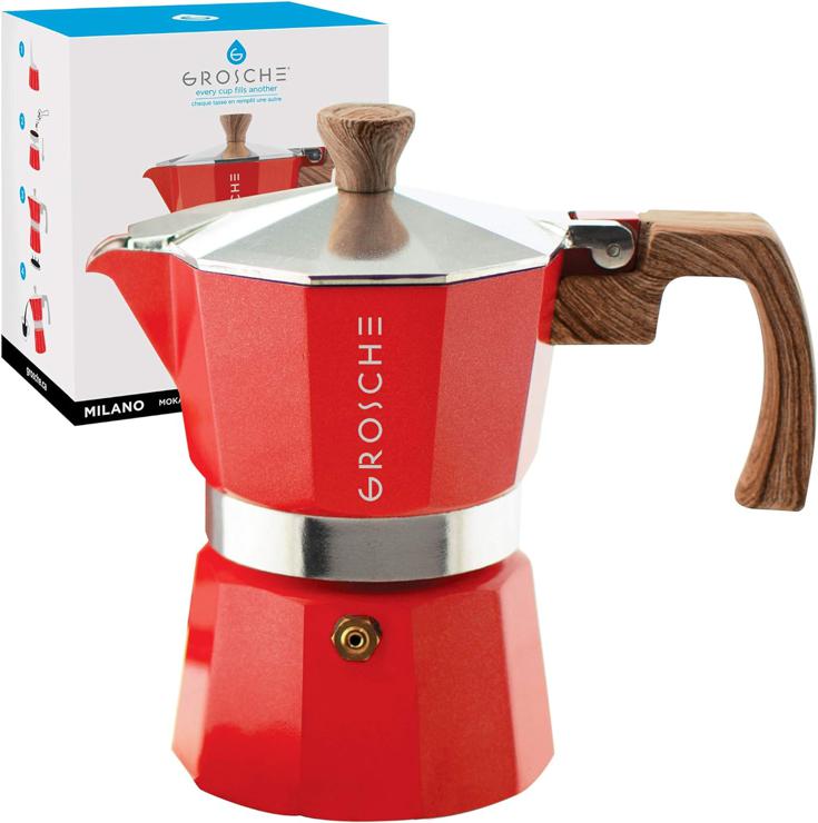 GROSCHE Milano Stovetop Espresso Maker, Mocha Pot, 3 Espresso Cups - 5oz Red Cuban Coffee Maker, Mocha, Italian Greca Brewer, Percolator
