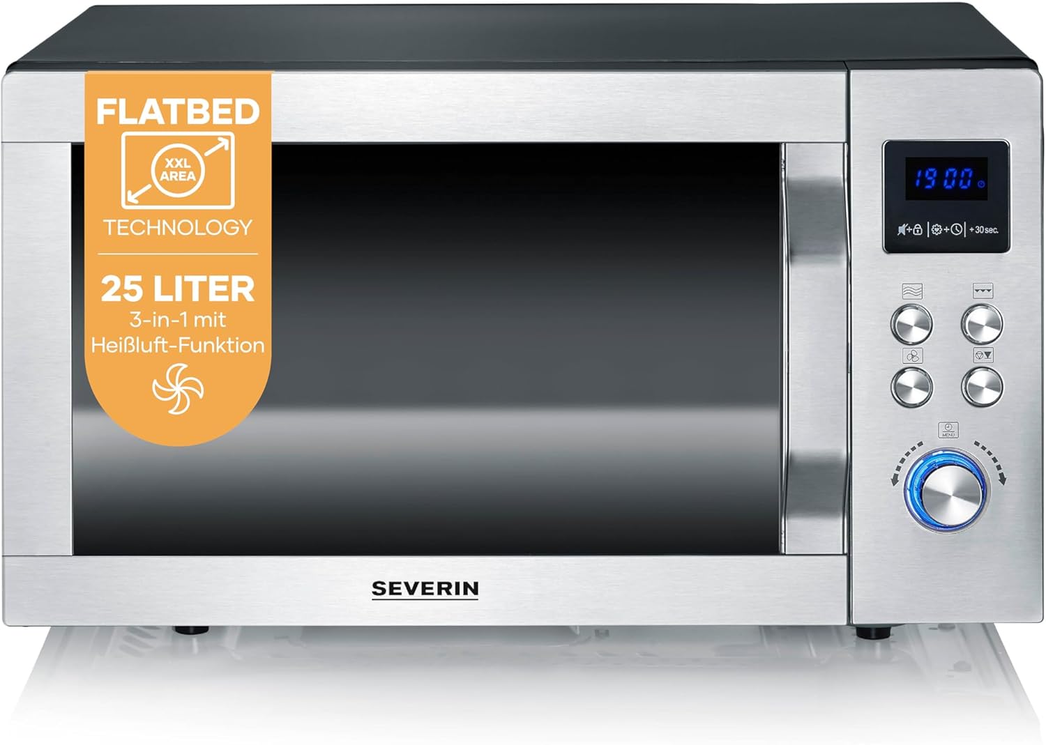 Severin MW 7777 3-in-1 Microwave with Glass Base, Flatbed (Flat Cavity for Large Foods), Grill and Hot Air Function, Microwave with Large Usable Surface for Square Tableware, Black, Stainless Steel