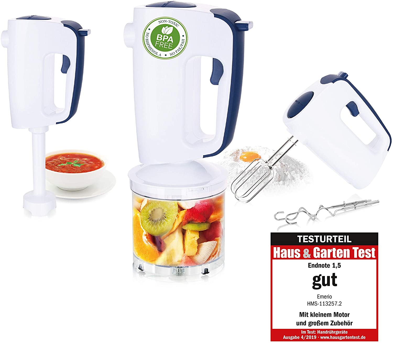 Emerio HMS-113257.2 Hand Mixer Set with Revolutionary 1-Finger Speed Control White/Blue