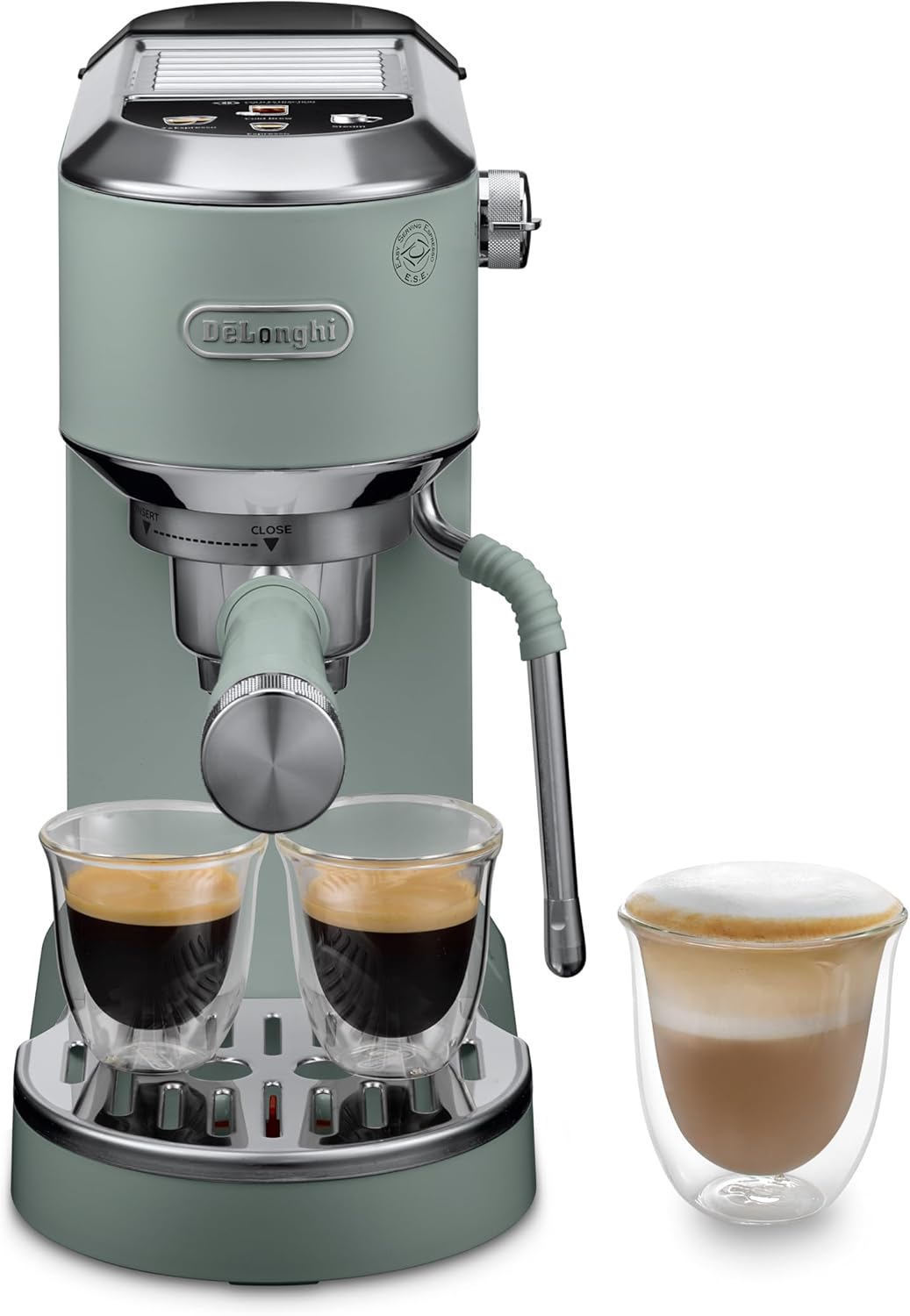 De\'Longhi Dedica Duo - Perfetto Compact Portafilter Espresso Machine with Soft Touch Icons, Manual Milk Frother for Espresso, Cappuccino and Cold Brew, 15 cm Wide, Green (EC890.GR)