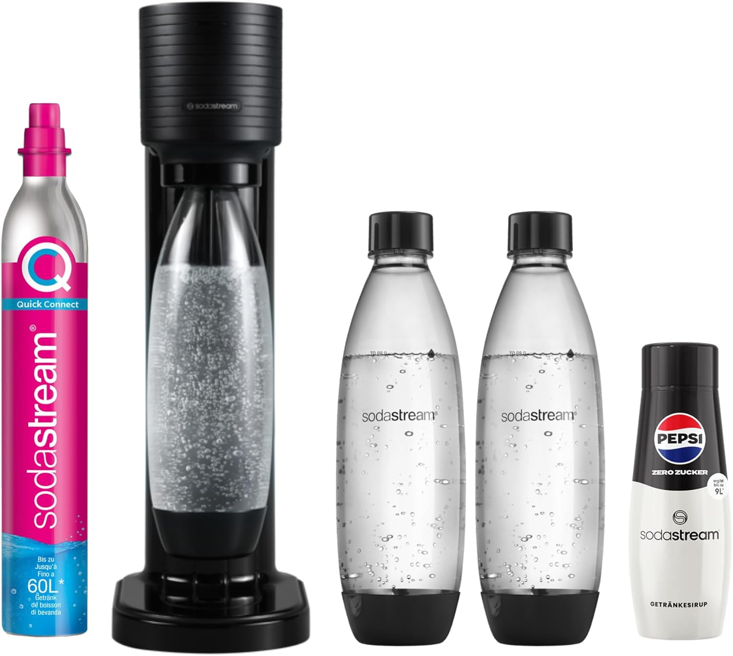 SodaStream GAIA Water Carbonator with CO2 Cylinder + 3 x 0.8 L BPA-Free FUSE Plastic Bottle + Pepsi Zero Sugar Syrup 440 ml