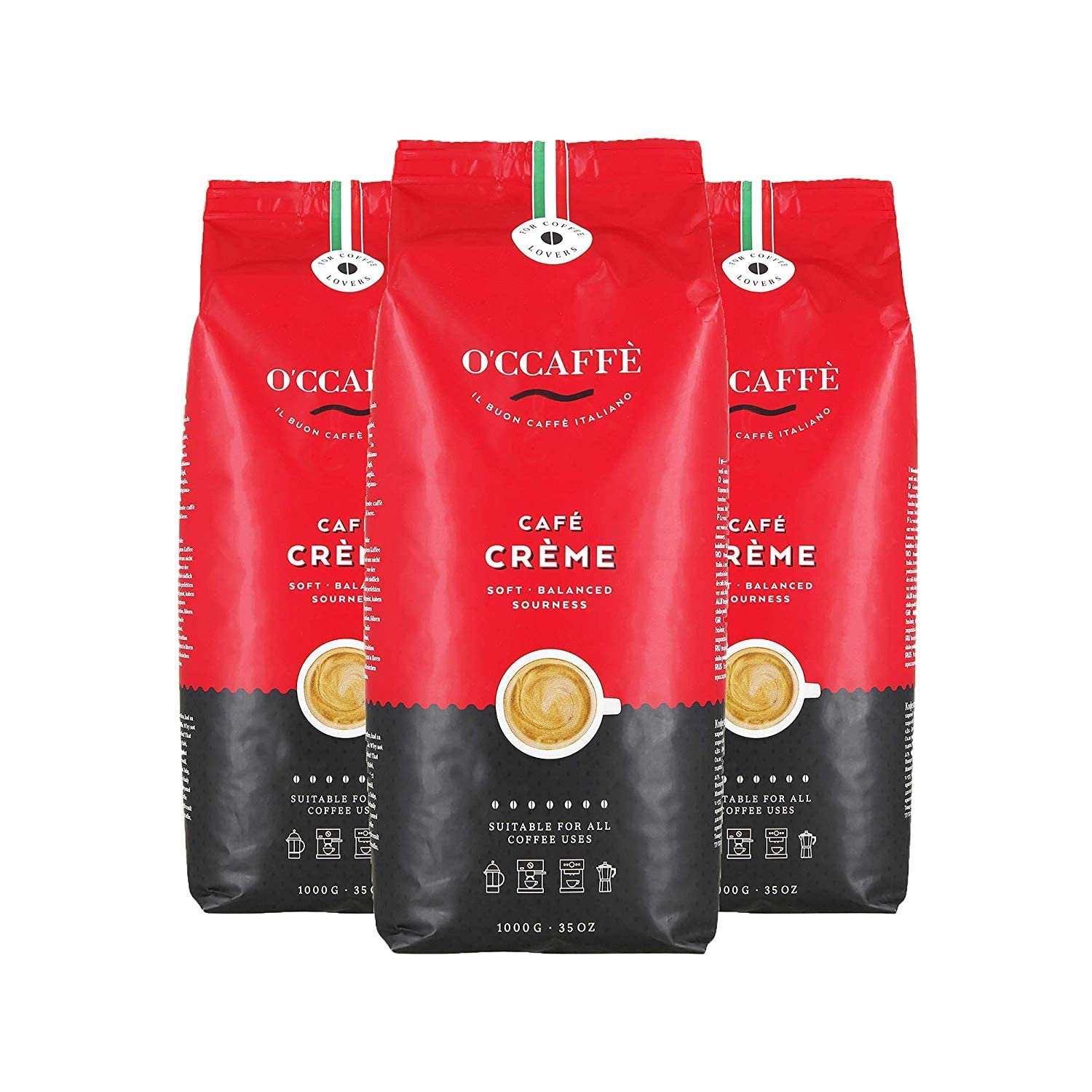 O'CCAFFE' O'CCAFFE' O\'CCAFFÈ Café Crème 3 x 1 kg Whole Coffee Beans Low Acid Aromatic Coffee Crema Extra Slow Drum Roasting from Italian Family Business
