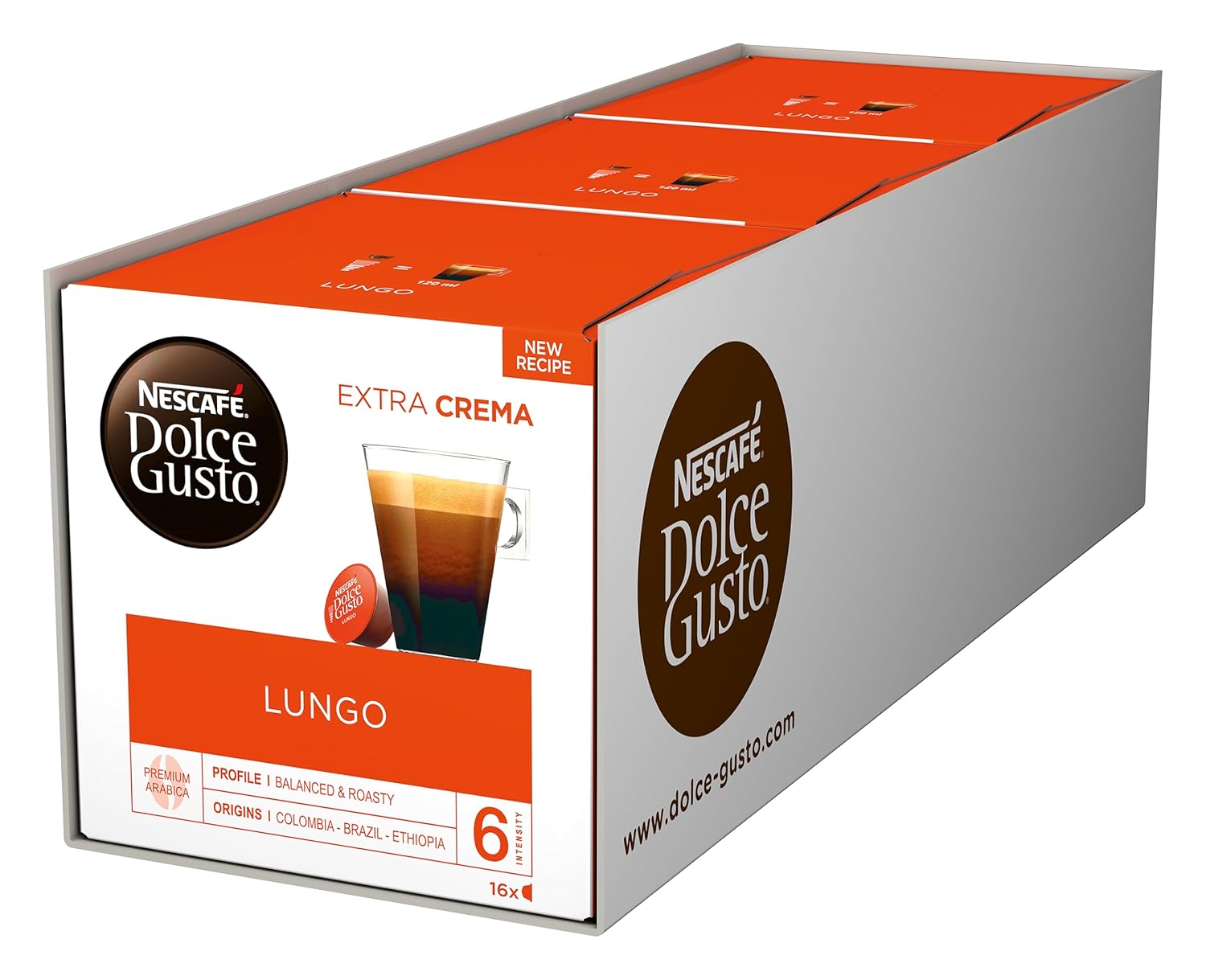 NESCAFÉ Dolce Gusto Lungo Coffee Capsules (100% Arabica Beans, Fine Crema and Strong Aroma, Quick Preparation, Aroma Sealed Capsules), Pack of 3 (3 x 16 Capsules)