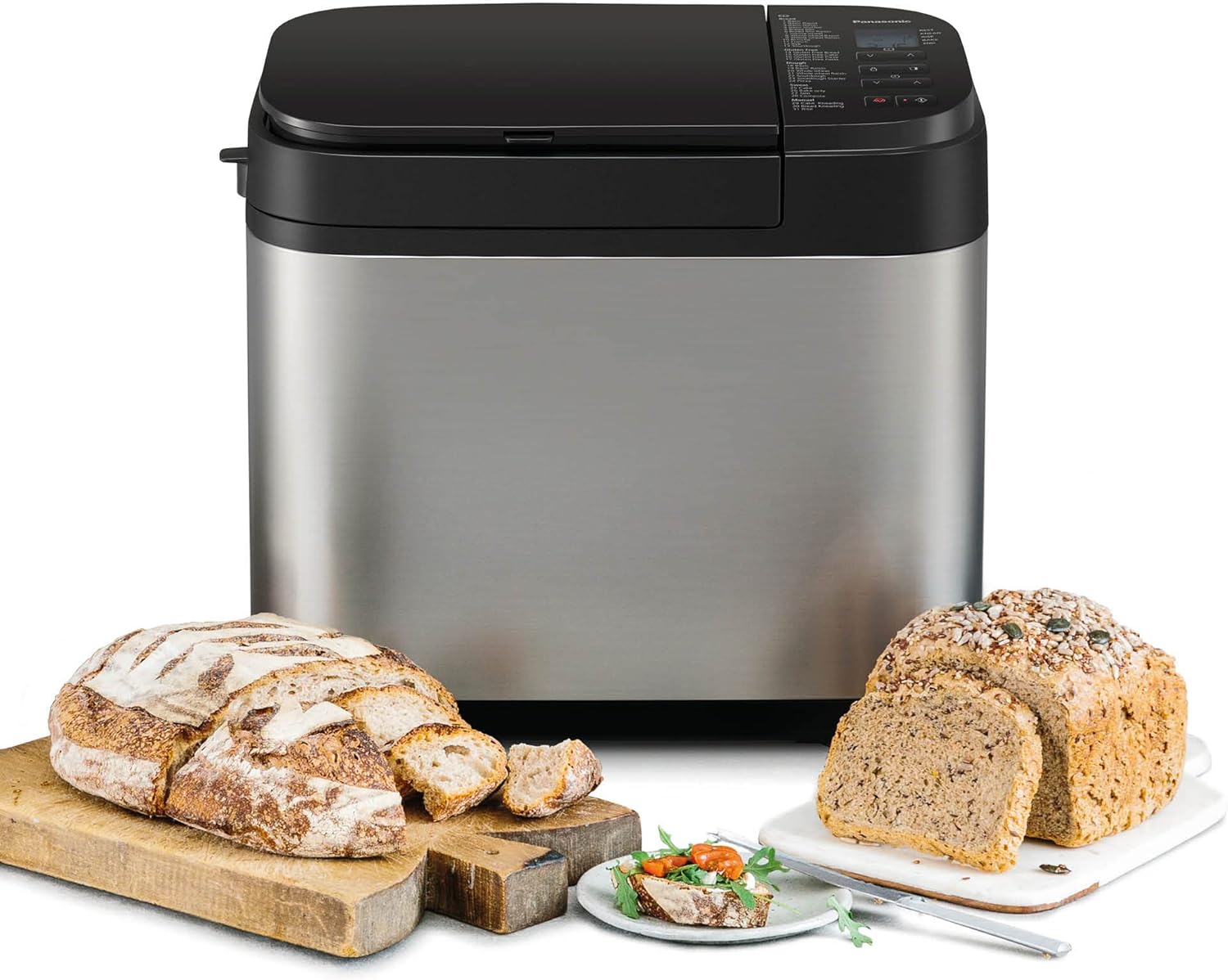 Panasonic SD-YR2550 Fully Automatic Bread Maker, Horizontal Design, Raisin Nut Distributor and Yeast Dispenser, 31 Automatic Programs, Two Temperature Sensors, 13 Hour Time Delay, Silver
