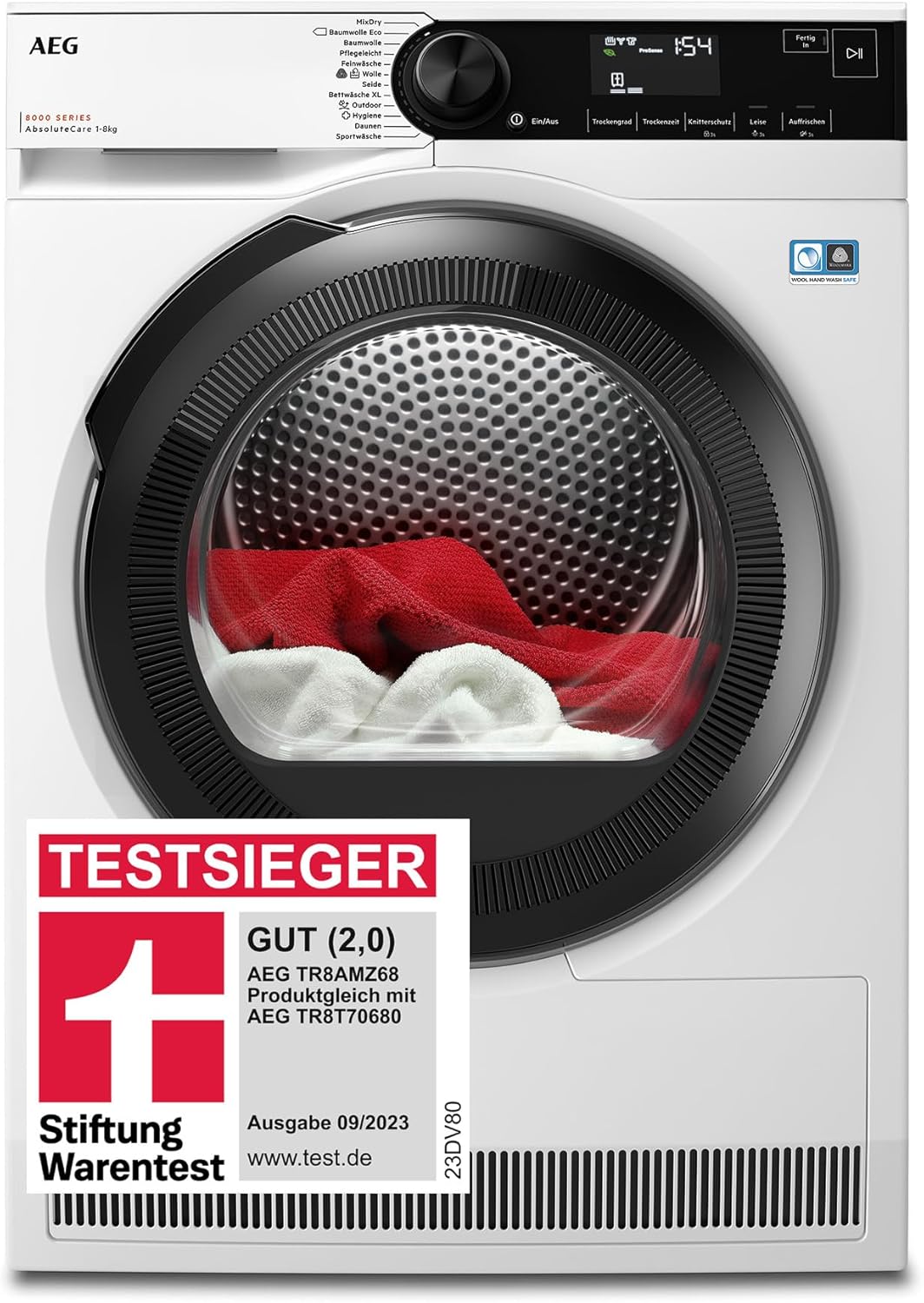 AEG Heat Pump Dryer 8 kg, Test Winner of Stiftung Warentest, Series 8000 AbsoluteCare - Wool and Silk Drying, C, Energy Saving, Drum Lighting, Wrinkle Protection, Gentle Drum, TR8AMZ68