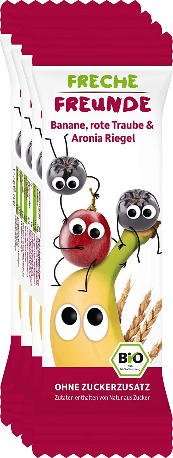 FRECHE FREUNDE Bio Fruchtriegel Riegel Banane, Rote Traube & Aronia für unterwegs, 4 x23 g