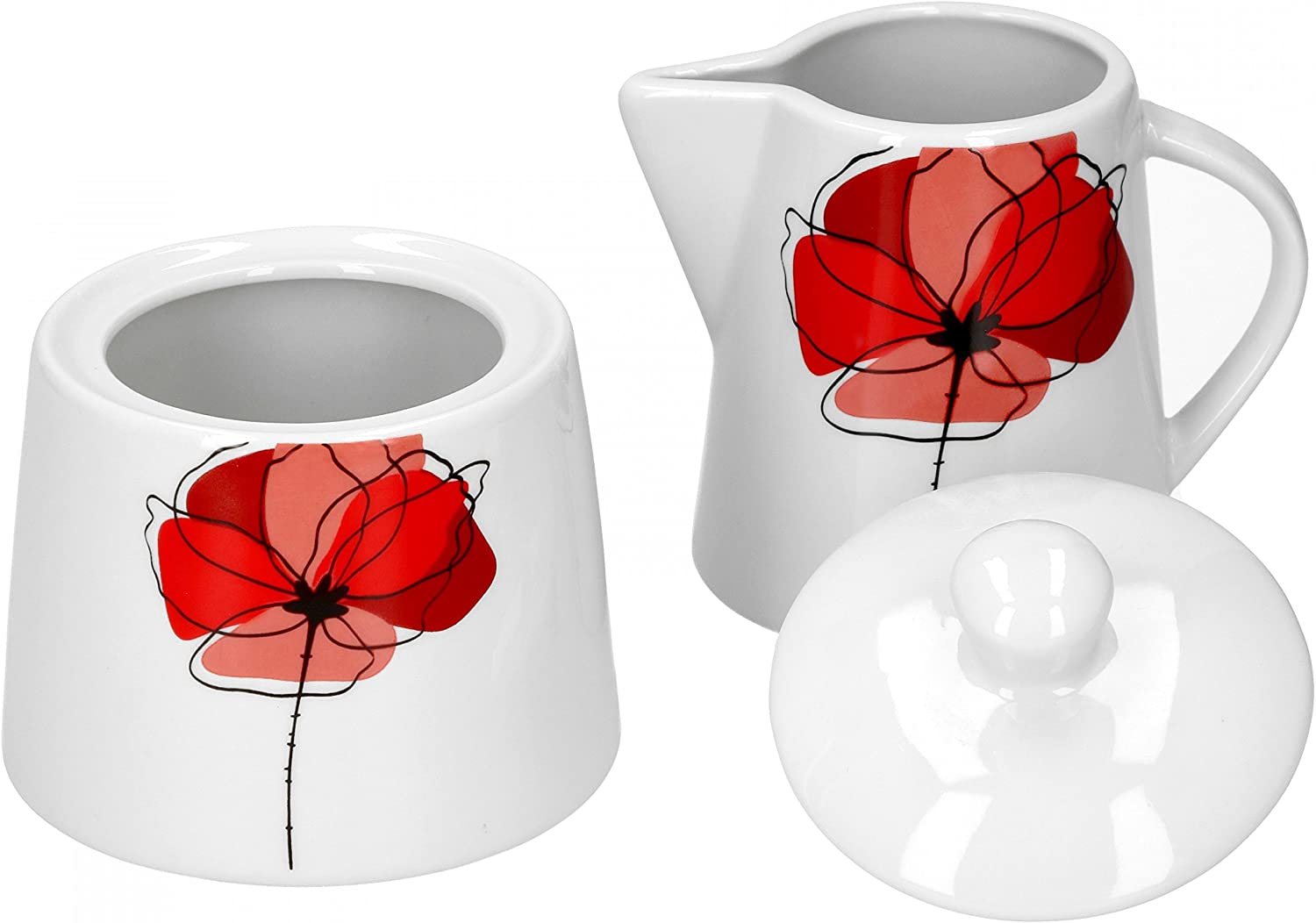 Van Well Sugar + Milk Set Monika Sugar Bowl with Lid Milk & Sugar Poppy Flower Red Fine Porcelain Crockery Catering
