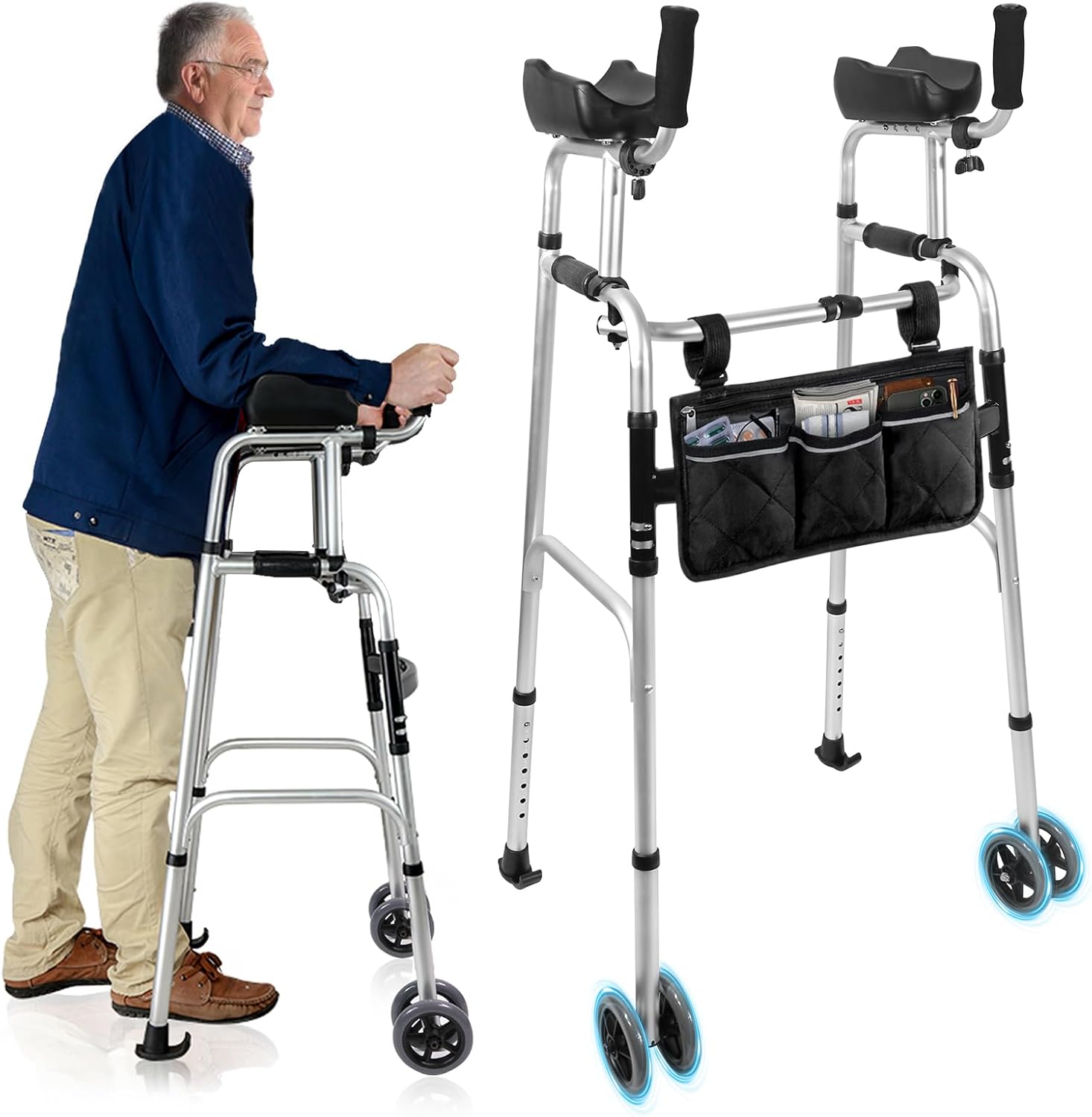 Height-adjustable walking aid for seniors with armrest - upright walker with double wheels, foldable and lightweight aluminum, walking aid with bag, height adjustable aluminum walking aids