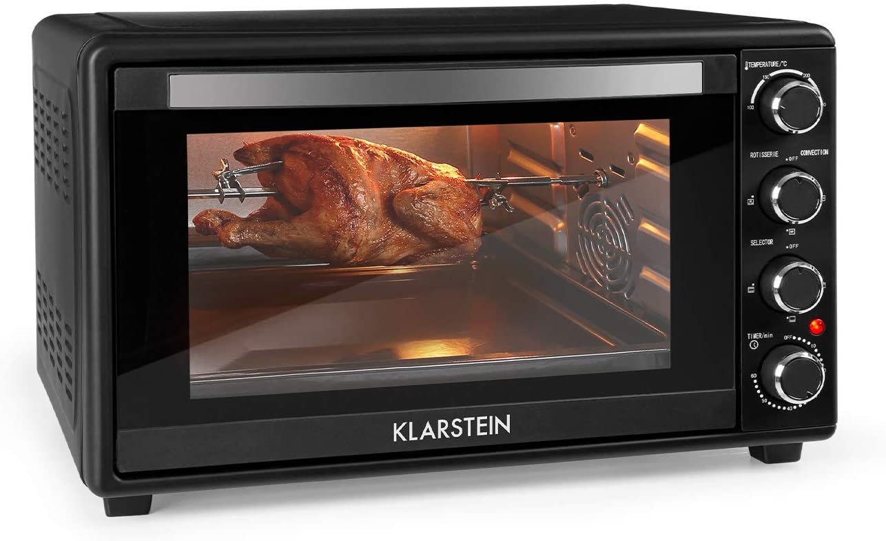 Klarstein Masterchef Mini Oven, Mini Oven Temperature 100 - 230 °C, Oven with Rotisserie Function, Timer, Double Glass Door, Top and Bottom Heat, Stainless Steel, 60 L, 2000 W, Black