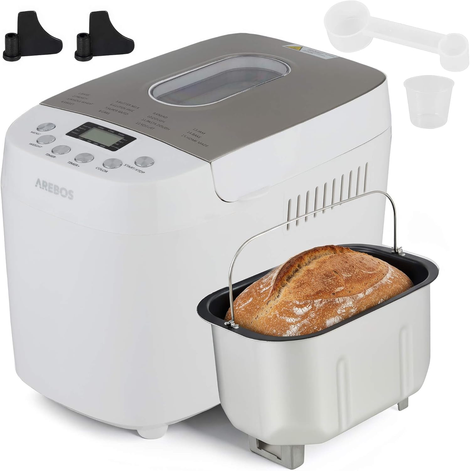 Arebos Bread Maker 1500 g with 15 Programmes 2 Dough Hooks Timer LCD Display 3 Browning Levels and Bread Sizes 850 W White