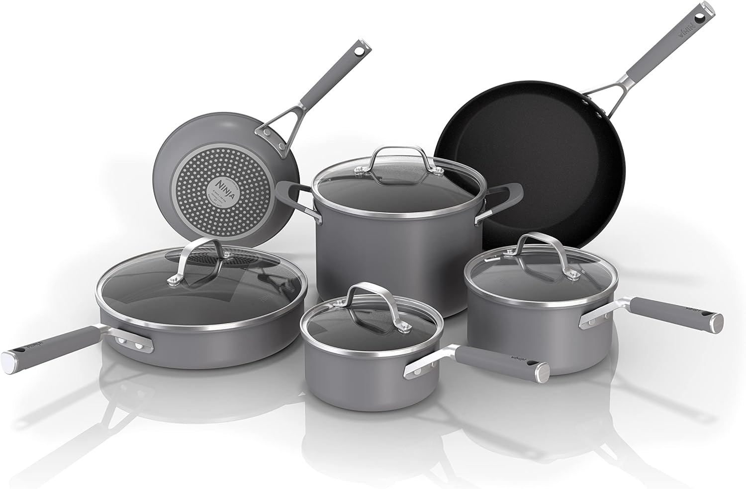 Ninja CW69010 Non-Stick Comfort Grip 10 Piece Cookware Set with NeverStick Frying Pan, Sauce Pot with Lid, Stockpot with Lid, Non-Stick