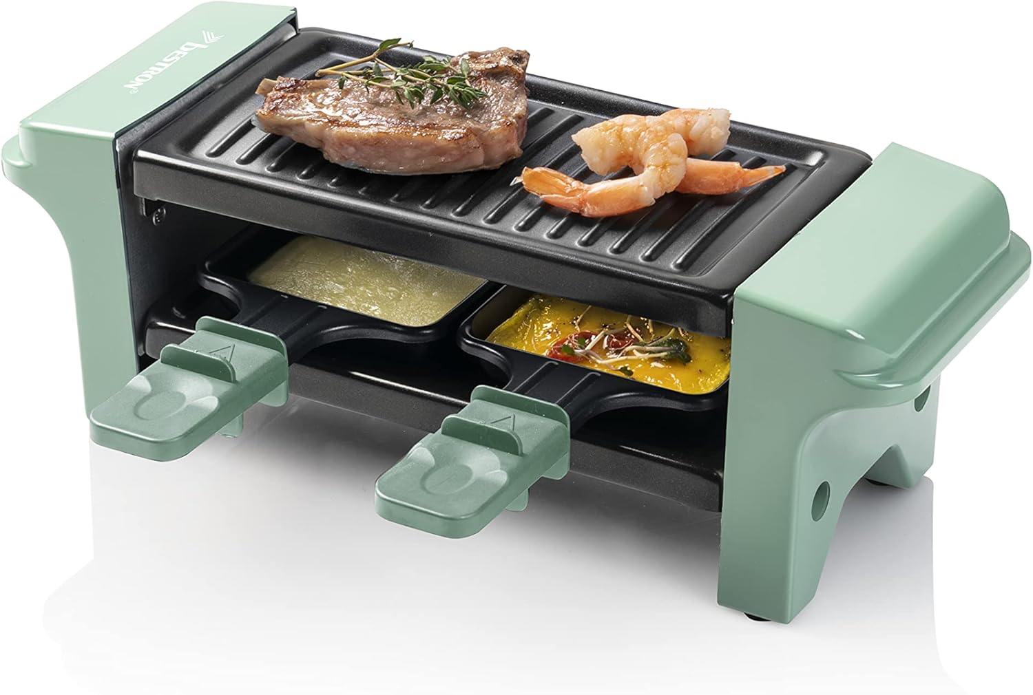 Bestron Raclette for 1 to 2 People, Mini Table Grill with Two Pans and Two Wooden Scrapers, 350 Watt, Colour: Green/Black