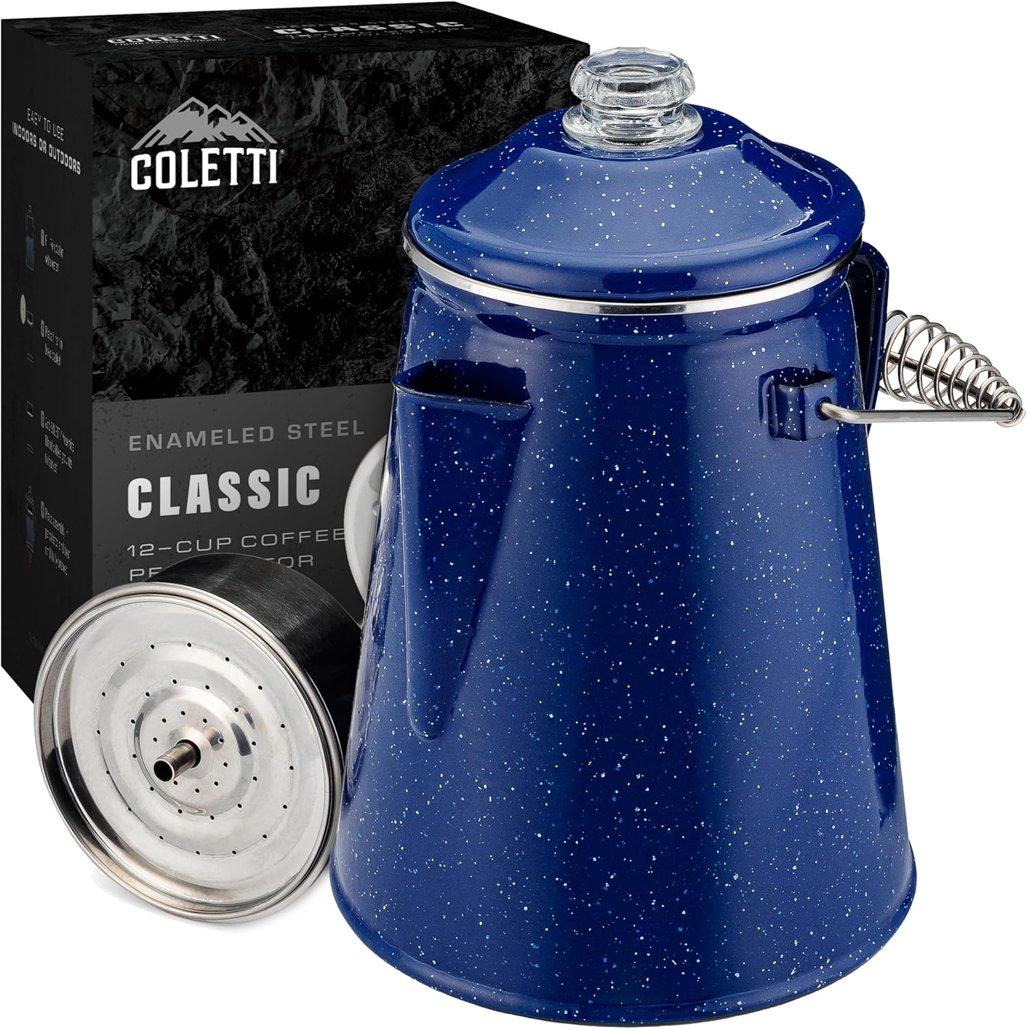 Coletti Classic Coffee Percolator - Percolator Coffee Pot, Cowboy Coffee Pot - The Original Camping Coffee Maker, Now Modernized - For Brewing Master On The Campsite [Blue, 12 Cups]