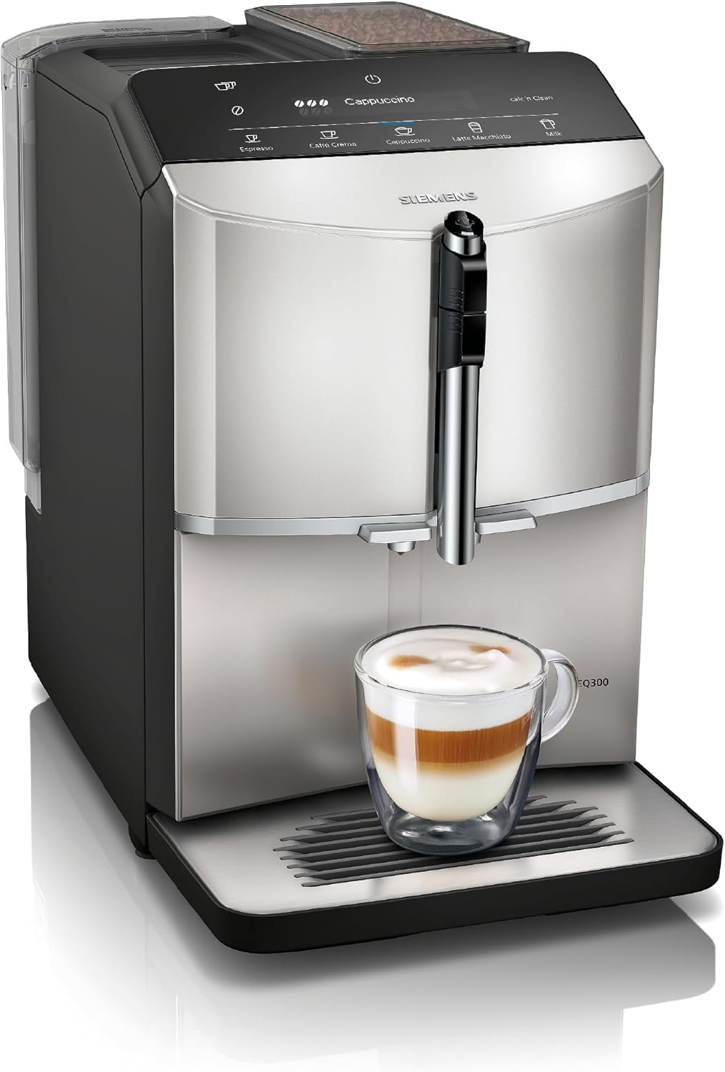 Siemens EQ300 Fully Automatic Coffee Machine with Coloured LCD Display, Milk Frothing Nozzle for Cappuccino, Latte Crema, 5 Coffee and Milk Drinks at the Touch of a Button, Removable Brewing Unit
