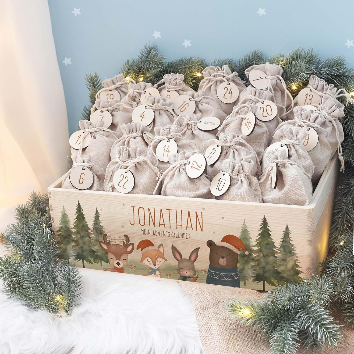 Personalized Advent Box - Wooden Advent Calendar with Name - Engraving Calendar DIY - Christmas Calendar for Children - Hello Mini (Forest Animals Print)
