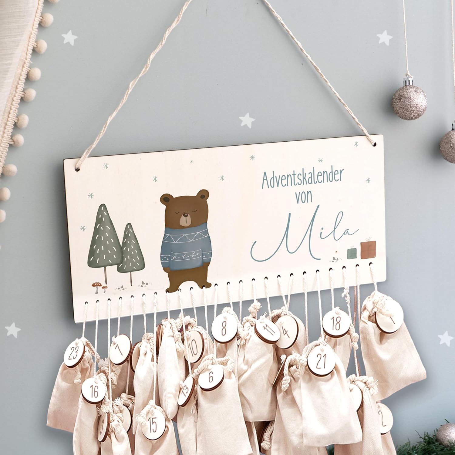 Advent Calendar Personalized for Children | Wooden Advent Calendar to Fill | Wall Mounted Christmas Calendar DIY with Name | Hellomini (Bear Print)
