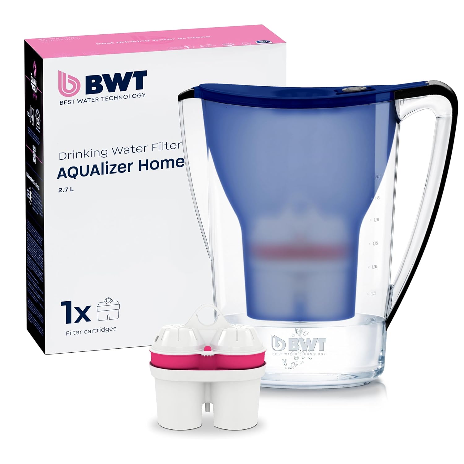 BWT Aqualizer Home Water Filter, Blue, Includes 1 Magnesium Filter Cartridge, Water Filter Drinking Water for Food & Drinks, Filters Limescale, Chlorine, Lead & Copper
