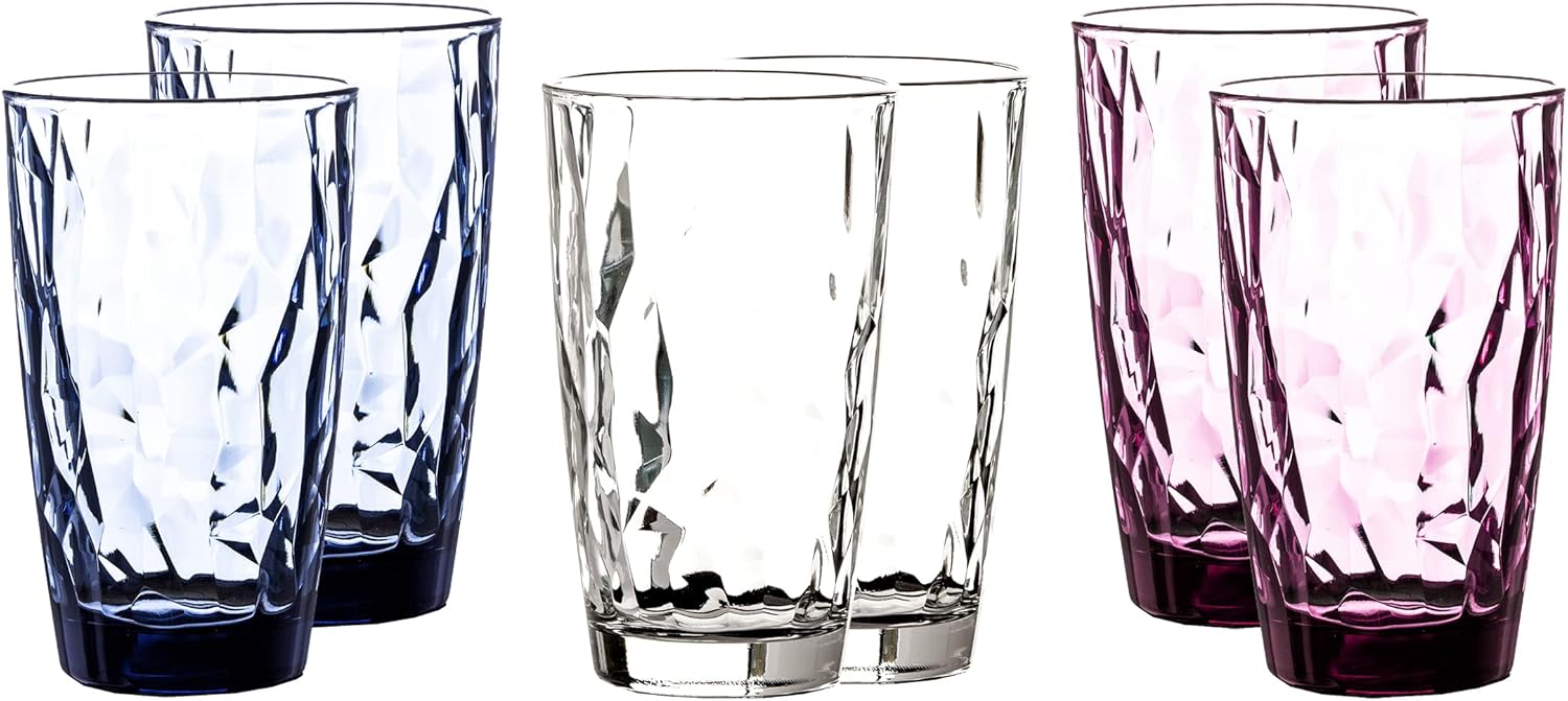 BORMIOLI ROCCO Diamond Colourful Glasses, Set of 6, 300 ml, 470 ml Drinking Glasses, Colourful Water Glass Set, Coloured Drinking Glasses