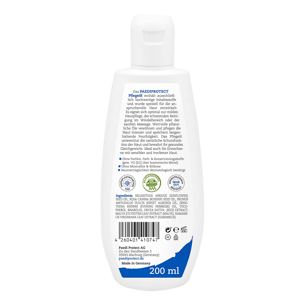 PAEDIPROTECT Care Oil for Babies & Children, 200 ml, Baby Oil with Almond Oil for Young Skin, Body Oil for Mild Skin Care and Cleaning in the Nappy Area, Skin Oil without Perfume and Microplastic,