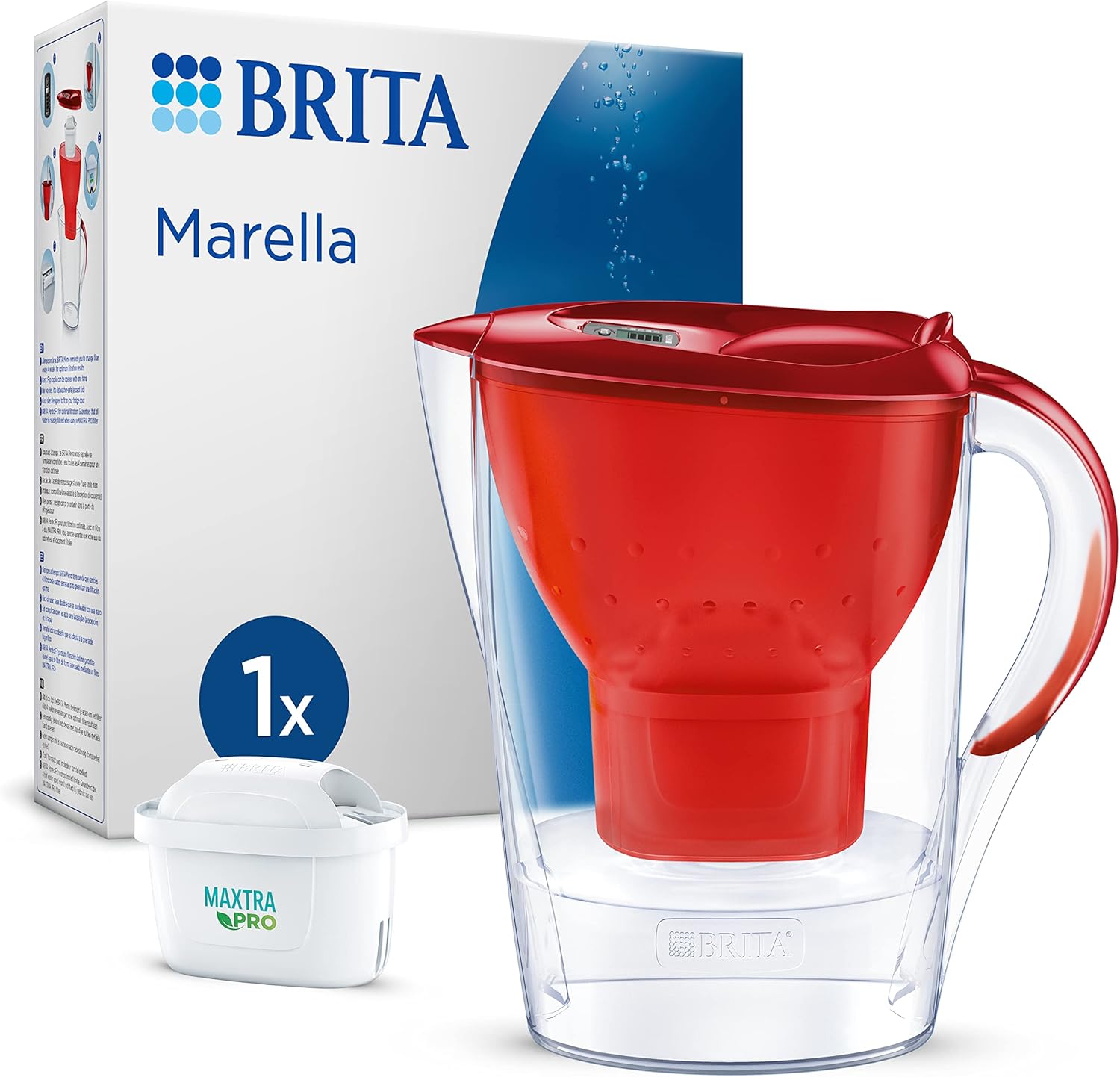 BRITA Marella Water Filter Jug Red (2.4 L) Including 1x Maxtra Pro All-in-1 Cartridge - Water Filter for Drinking Water Reduces Limescale, Chlorine, Lead, Copper & Taste-Disturbing Substances in Tap
