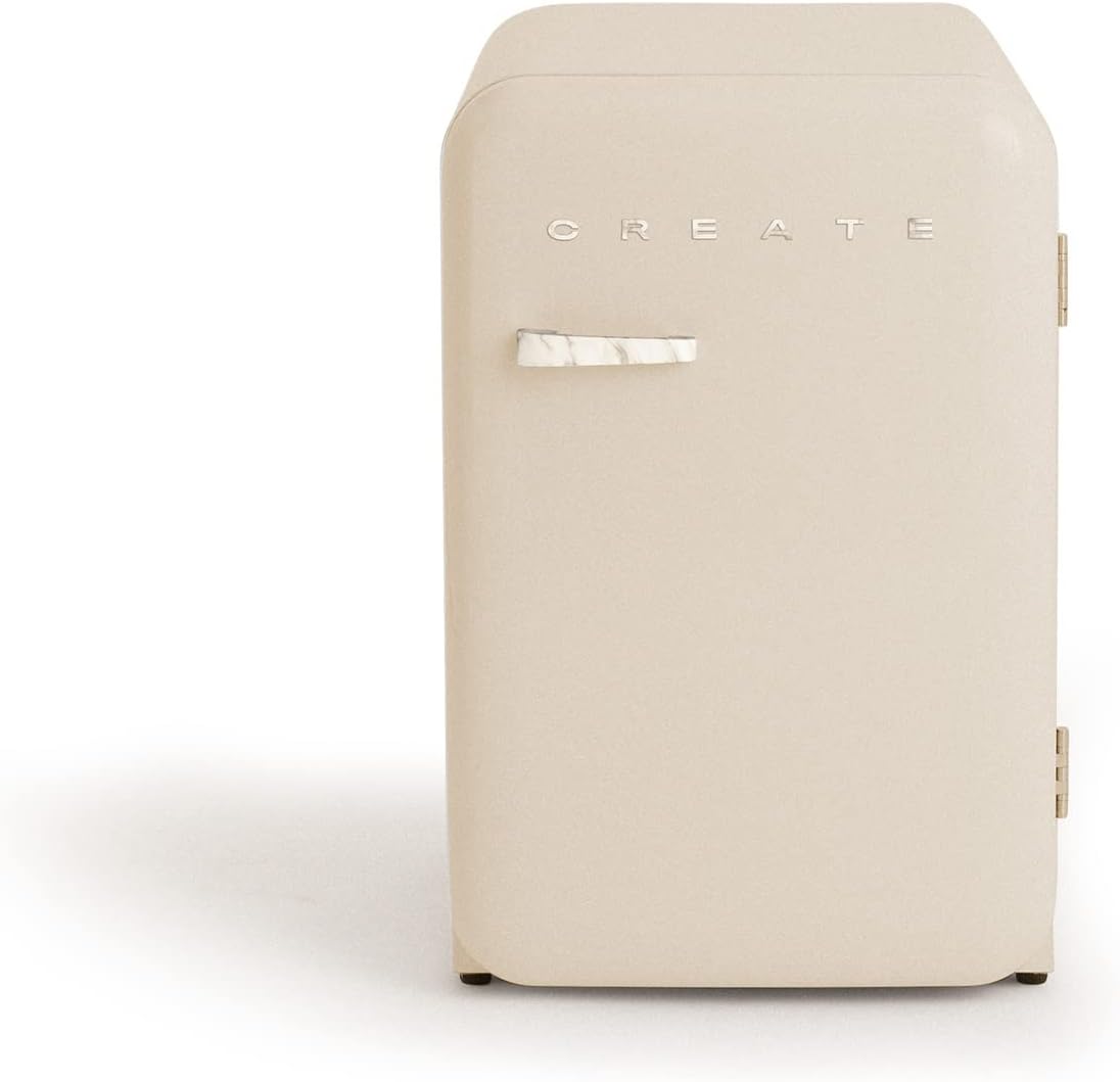 CREATE Retro Fridge 83.5 Marble Fridge in Cream White, Marble Handle / 98 W, Low Consumption, 2 Shelves, Temperature Control, Bottle Holder, 56 x 54 x 84 cm