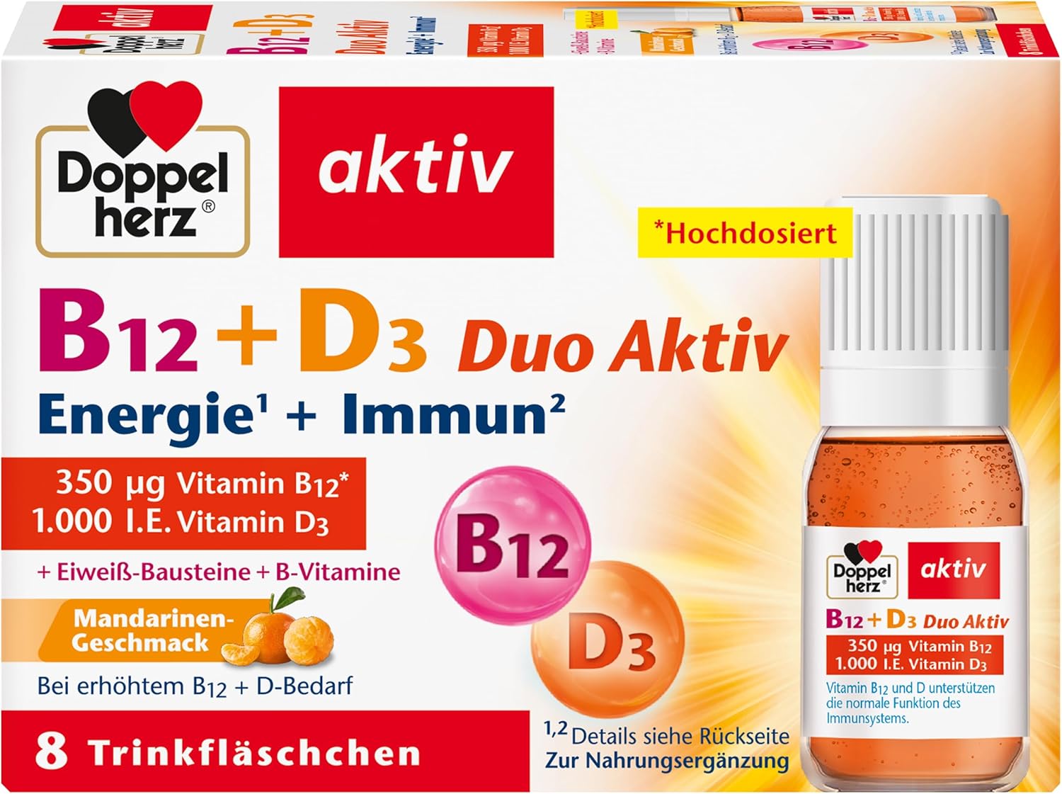 Doppelherz B12 + D3 Duo Active - With Vitamin B12 and D3 to Support Normal Function of the Immune System - 8 Drinking Bottles, 91.1 g
