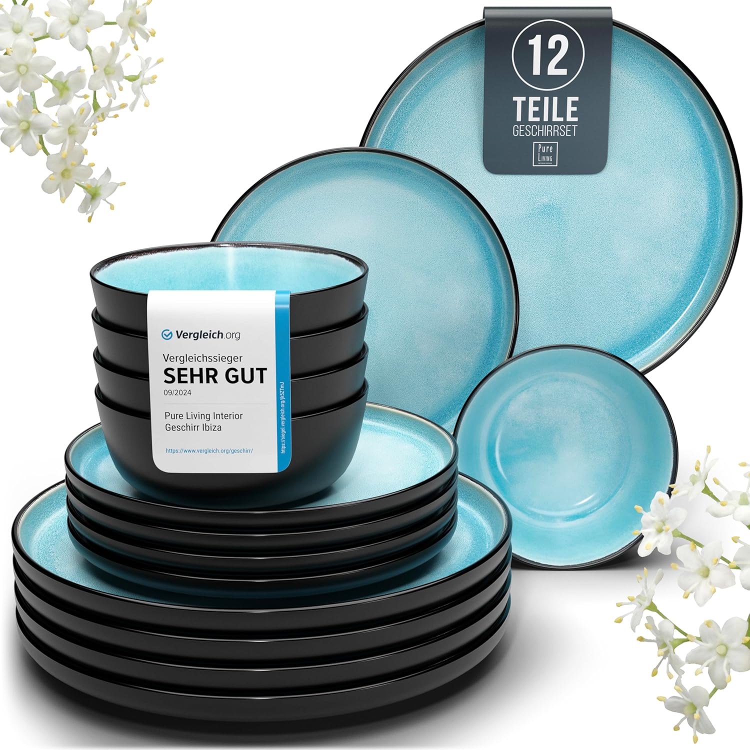 Pure Living Ibiza Stoneware Crockery Set for 4 People, 12 Pieces Test Winner, Dreamy Mediterranean Stoneware Set, Bowl & Plate Set, Dinner Service for 4 People, Tableware Sets in Aquamarine