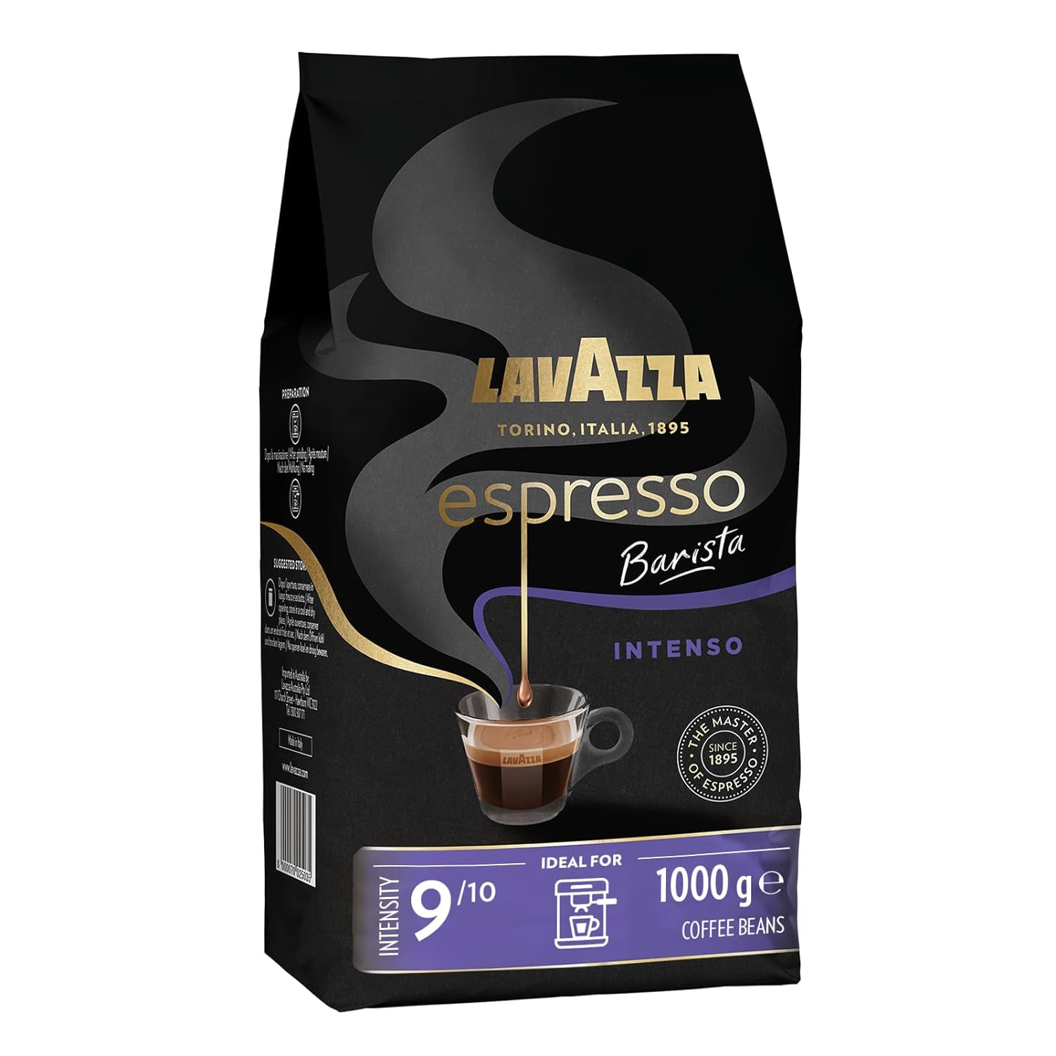 Lavazza, Espresso Barista Intego, entire Arabica and Robusta coffee beans, with cocoa and wooden aromas, for an intensive coffee, intensity 9/10, medium roasting, 1 kg pack