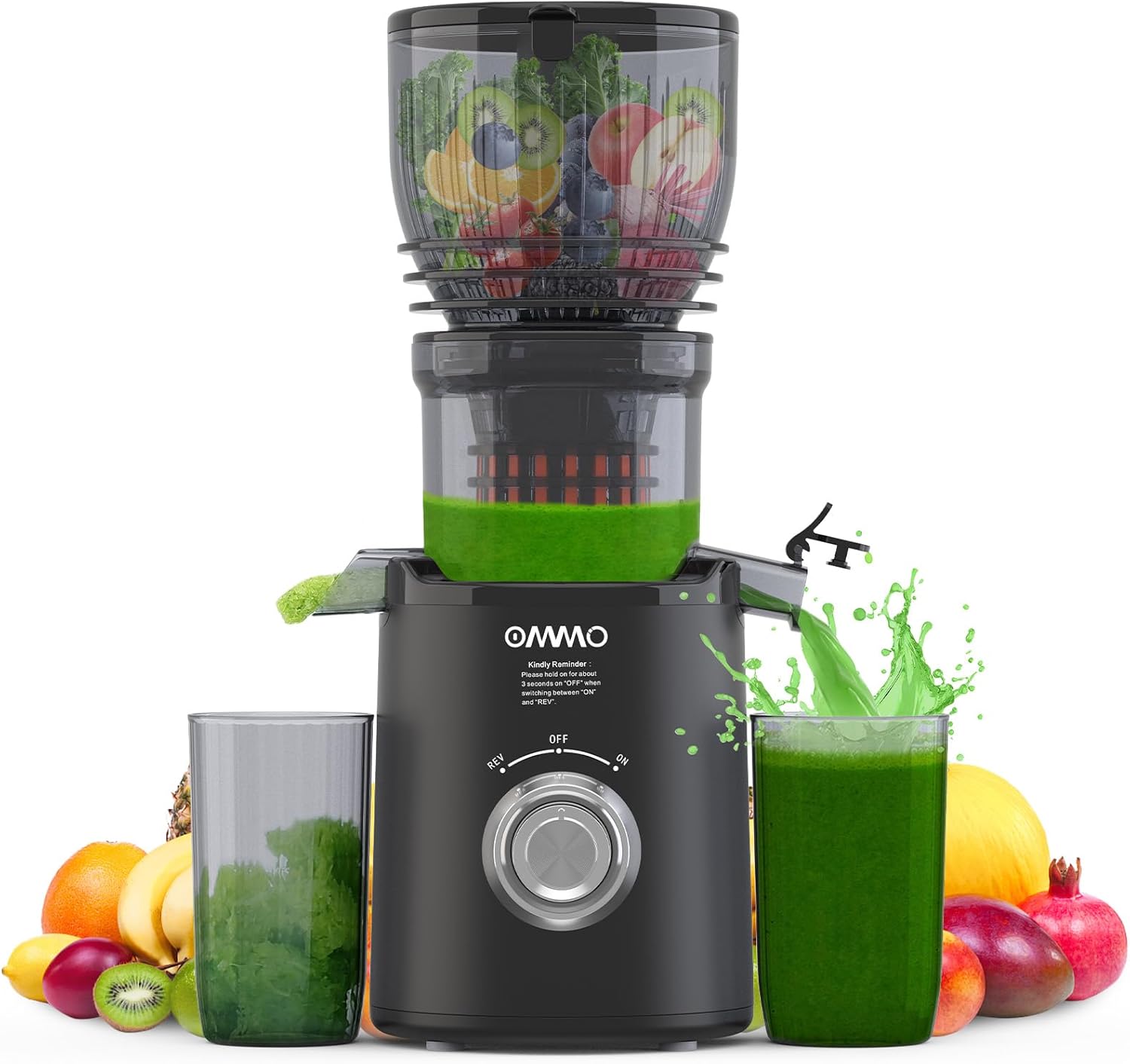 OMMO Slow Juicer, 300 W Juicer, Vegetable and Fruit Test Winner with 148 mm Width and Larger Feeding Tube, Easy to Clean Electric Juicer with 2 PC Cups, BPA-Free, Black