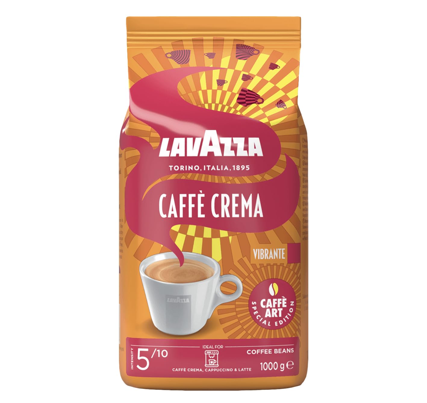 Lavazza, Caffè Crema Vibrante, Coffee Beans, Ideal for Espresso Coffee Machines, with Aroma Notes of Cocoa and Chocolate, Arabica and Robusta, Intensity 5/10, Medium Roasting, 1 kg