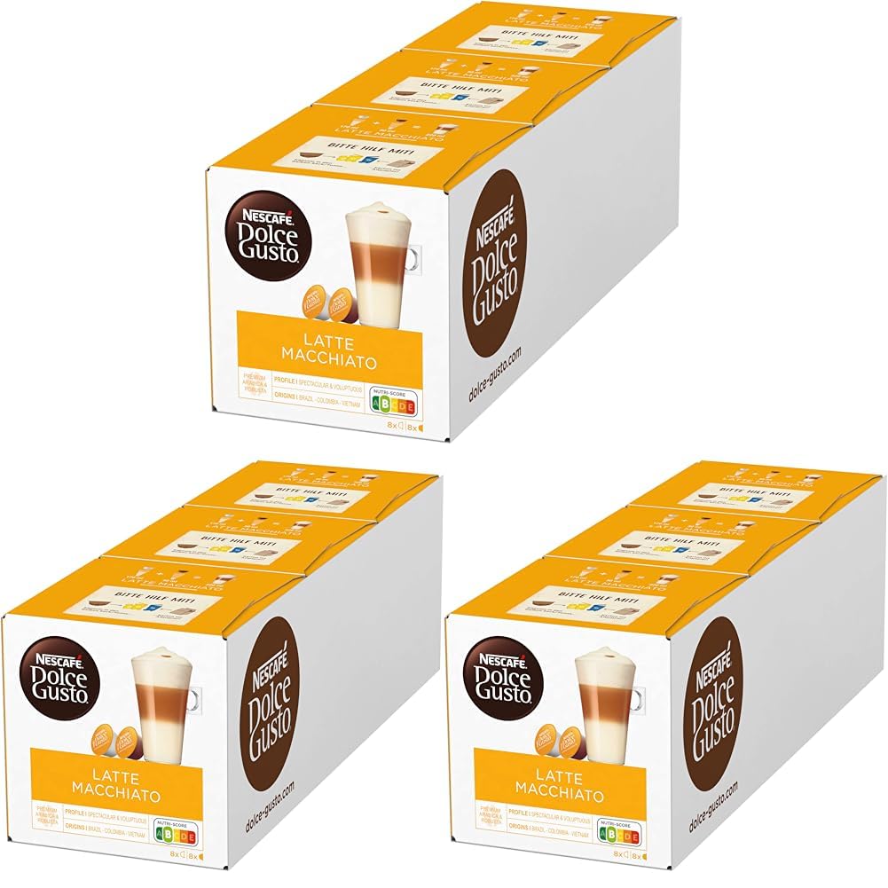 NESCAFE DOLCE GUSTO NESCAFÉ Dolce Gusto Latte Macchiato, 48 Coffee Capsules, Aromatic Espresso, 3-Layer Delicacy Made of Fine Milk Foam, Aroma Sealed Capsules, Pack of 9 (3 x 16 Capsules)