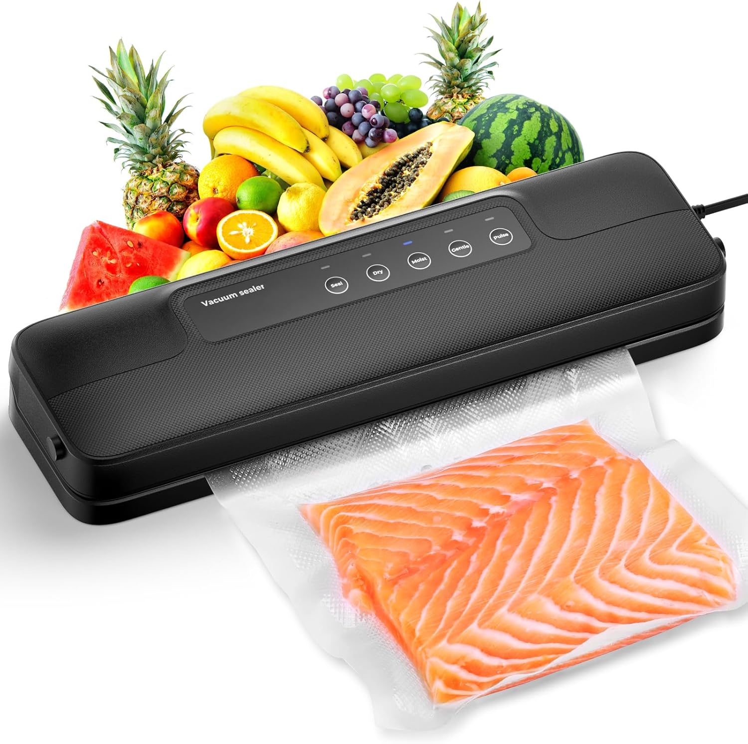 Vacuum Sealer 5 in 1, Food Vacuum Sealer 8x Longer Fresh, Film Sealing Machine with 10 Vacuum Bags and Hose, 30 cm Long and Stable Weld Seam