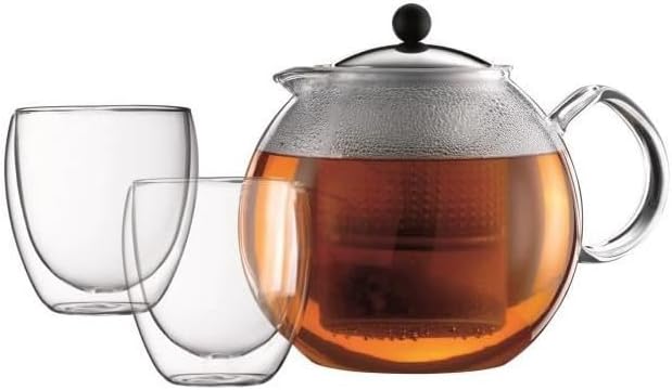 Bodum ASSAM SET Tea Press (1.5 L/51 oz) and Glases (Double-walled, 0.25 L/8 oz) - Shiny
