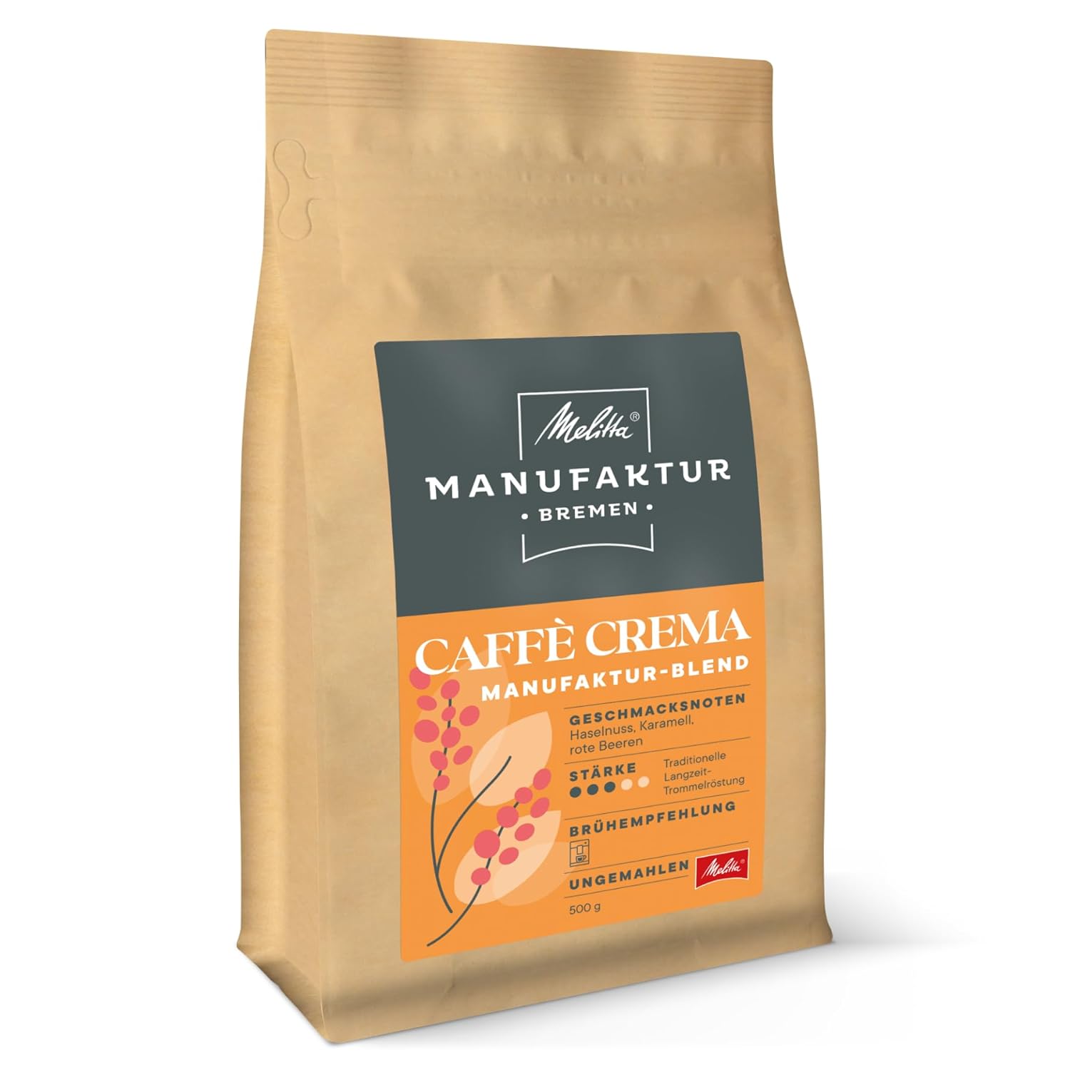 Melitta Manufactory Coffee Caffè Crema Specialty Coffee, 500 g, Coffee Beans, Unground, Regional Coffee from Brazil, Colombia and Ethiopia, Roasted in Germany, Strength 3