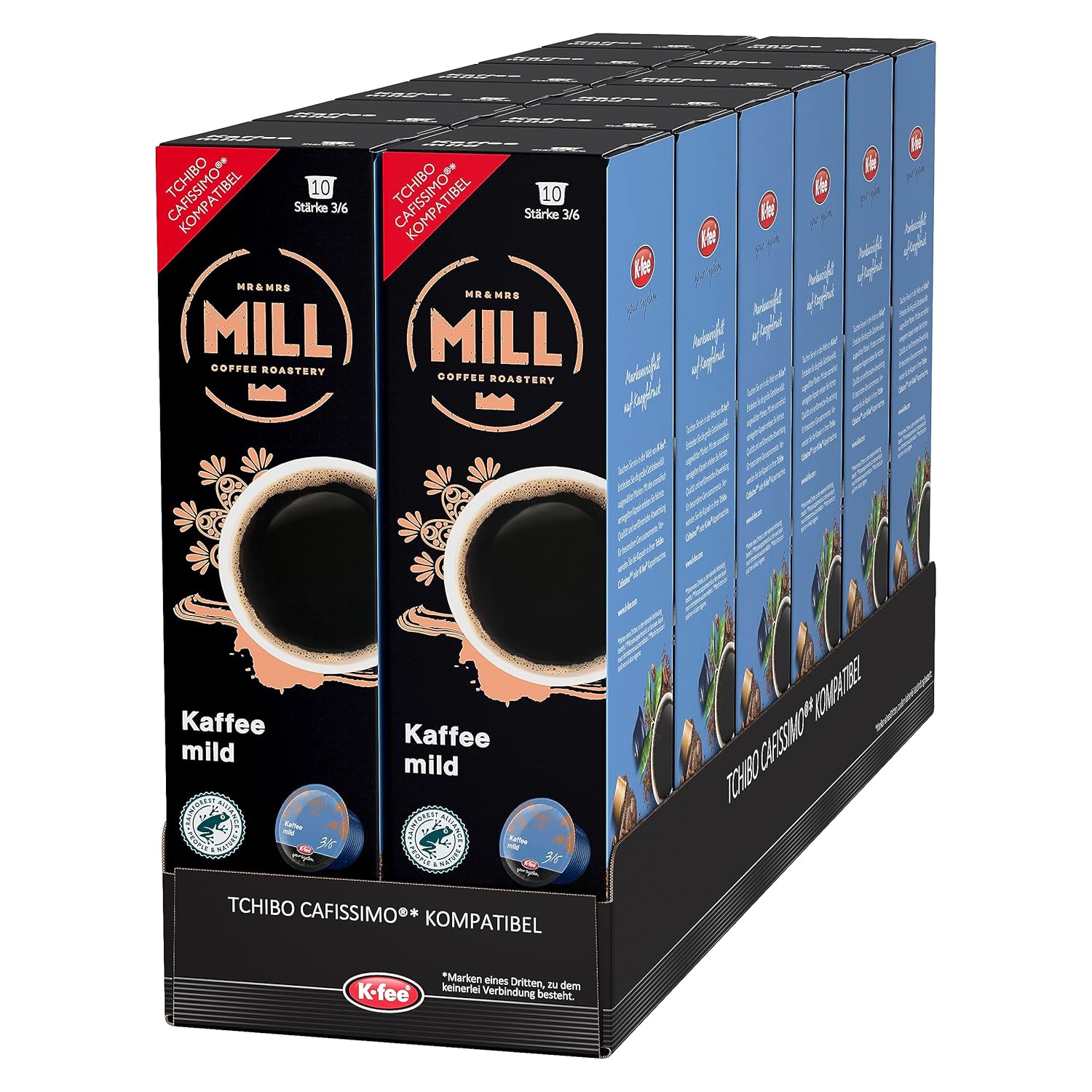 Mr & Mrs Mill Coffee Capsules Coffee Mild, Filter Coffee, Strength 3/6, Compatible with K-fee & Tchibo Cafissimo*, RFA Certified, 120 Capsules (12 x 10)