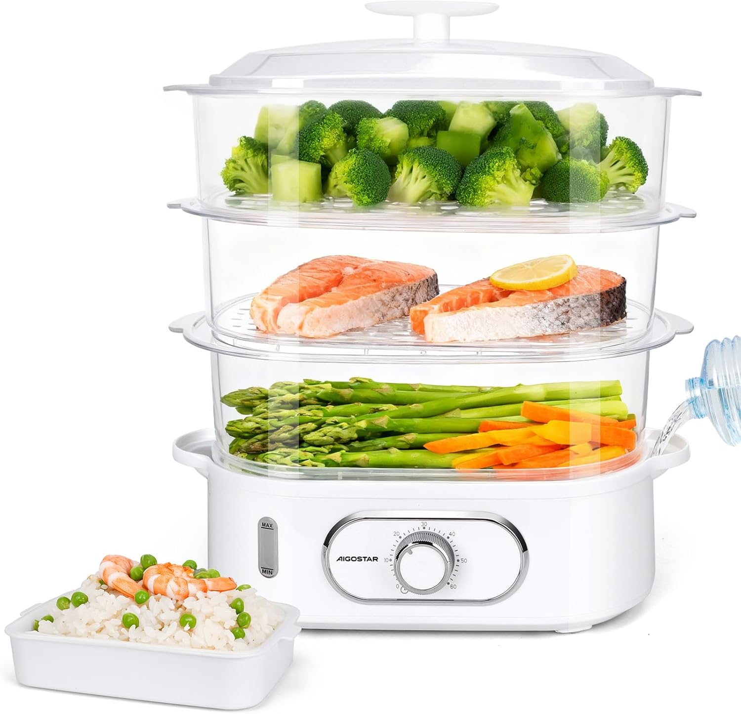 Aigostar Fitfoodie 30CFO Steamer with Timer, 3 Tier Stacking Baskets (9L, 800W, BPA-Free) Disposable Packaging