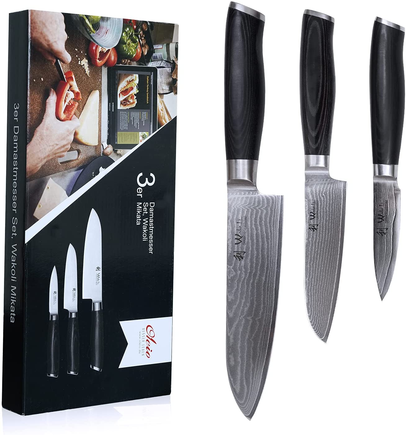 Wakoli 3DM-MIK Damascus Steel Knife Set of 3 Japanese Damascus Steel VG-10 Mikata