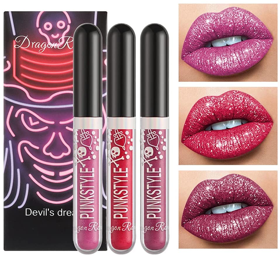 FILWO Set of 3 colours black metallic lip gloss diamond glitter lips make-up gift glitter lip gloss suitable for appointments, offices, shopping or parties, 