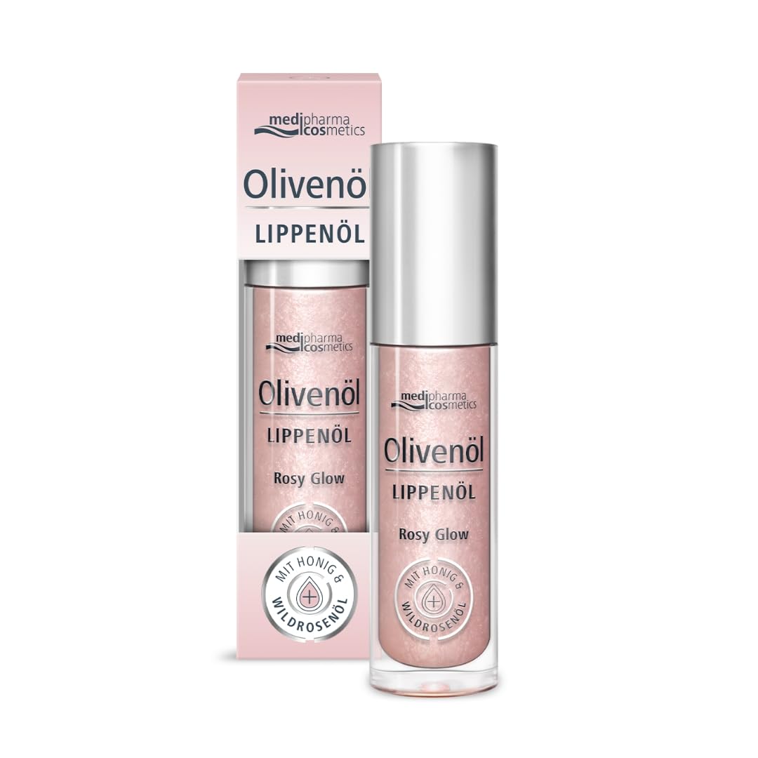 Rosy Glow Lip Oil - For Velvety Soft, Shiny Lips with Shimmering Rose Nude Look - Formula with Honey & Wild Rose Oil - by medipharma cosmetics