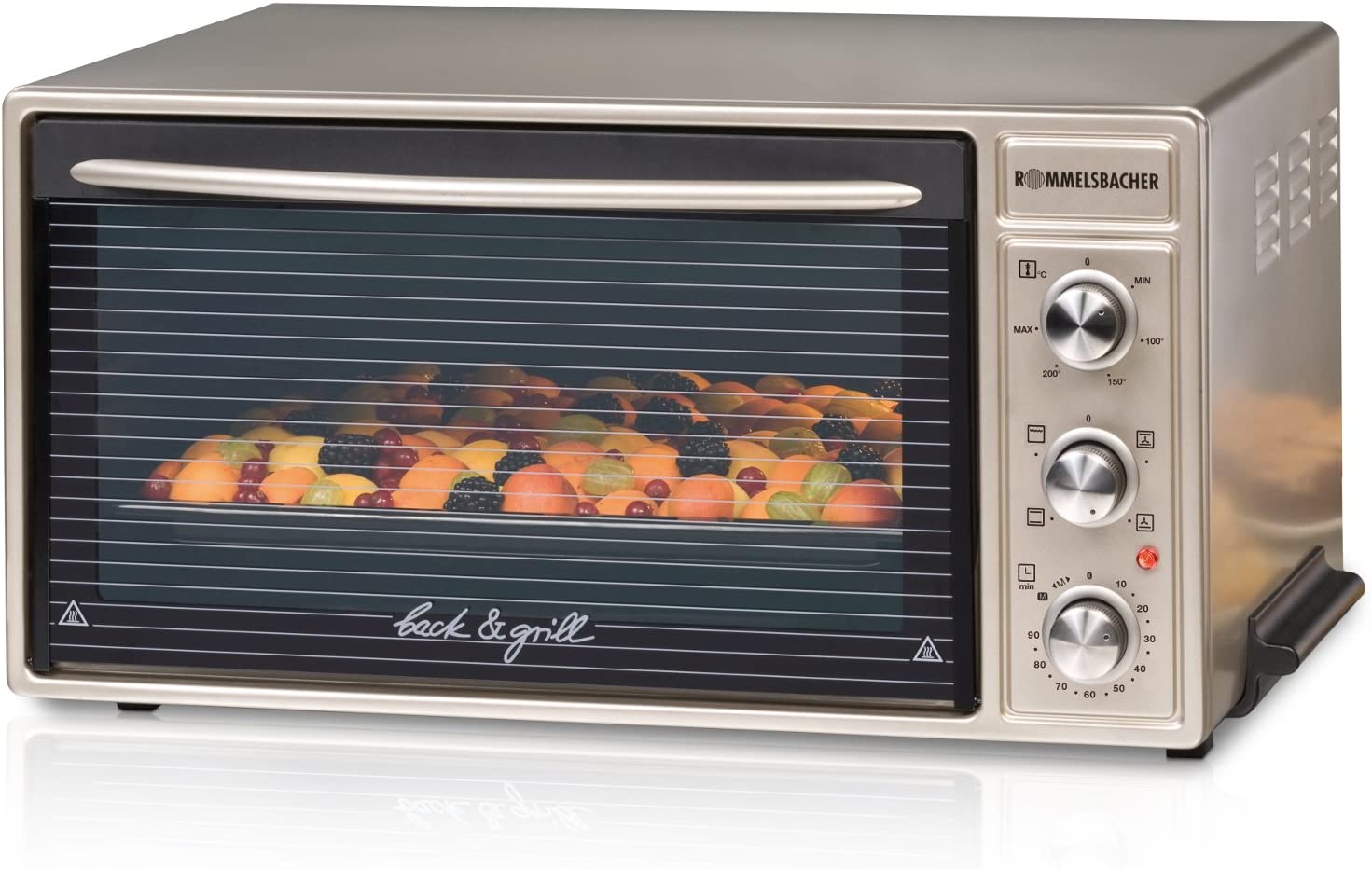 ROMMELSBACHER Back & Grill Oven BG 1650 – 40 Litre Baking Chamber, Temperature from 60 – 250 °C, 4 Heat Types Including Recirculation and Grill, Interior Lighting, Retractable Toggle and Timer Switch, 1650 Watt