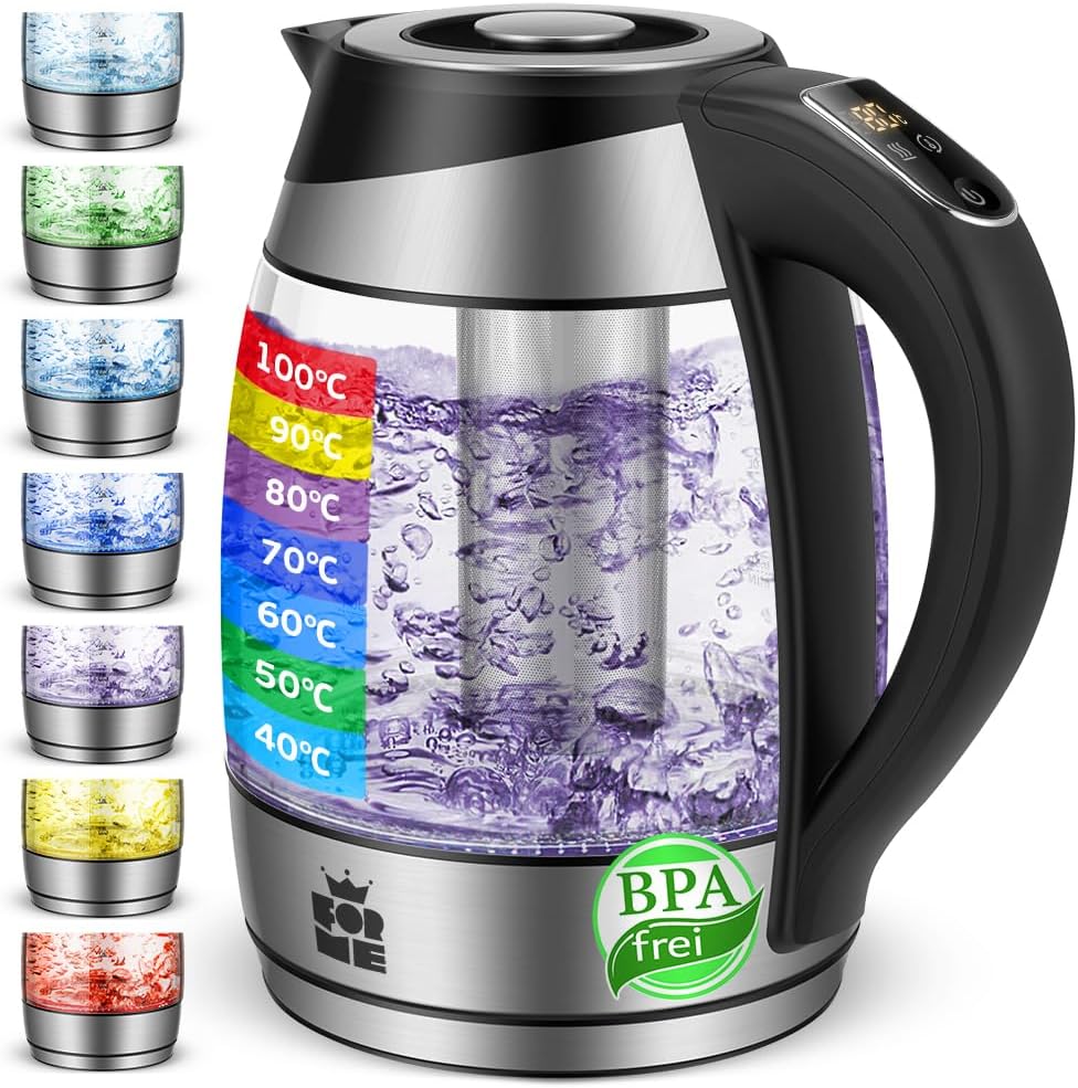 FOR ME Glass Electric Kettle with Tea Strainer 1.8 L, Temperature Setting, Temperature Selection 40 °C to 100 °C, 7 Colors LED Lighting, Keep Warm Function, BPA Free