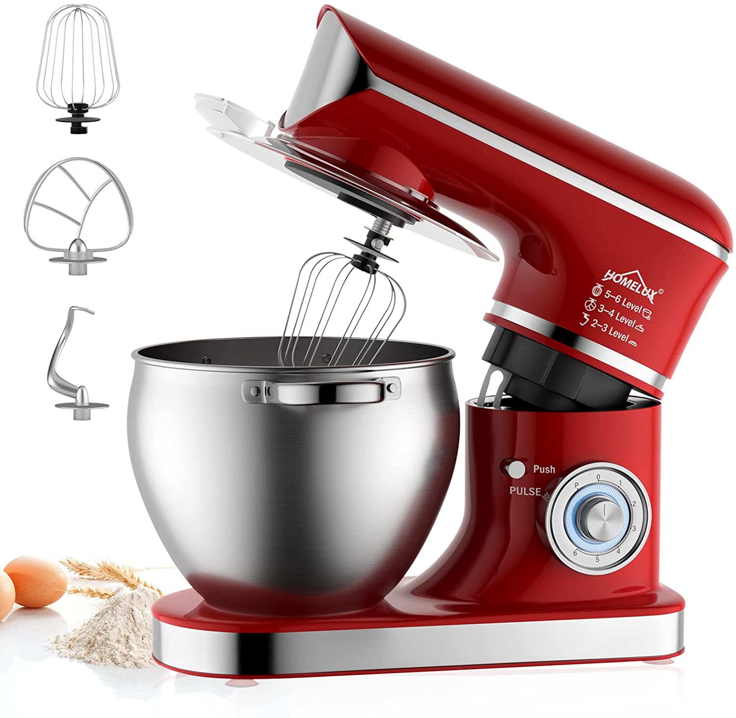 Homelux Food Processor 2000 W Kneading Machine, 8.5 L Food Processor, Dough Machine, 6 Speeds, Includes 3-Piece Patisserie Set and Splash Guard, 6 Speeds with Stainless Steel Bowl, 626 Red