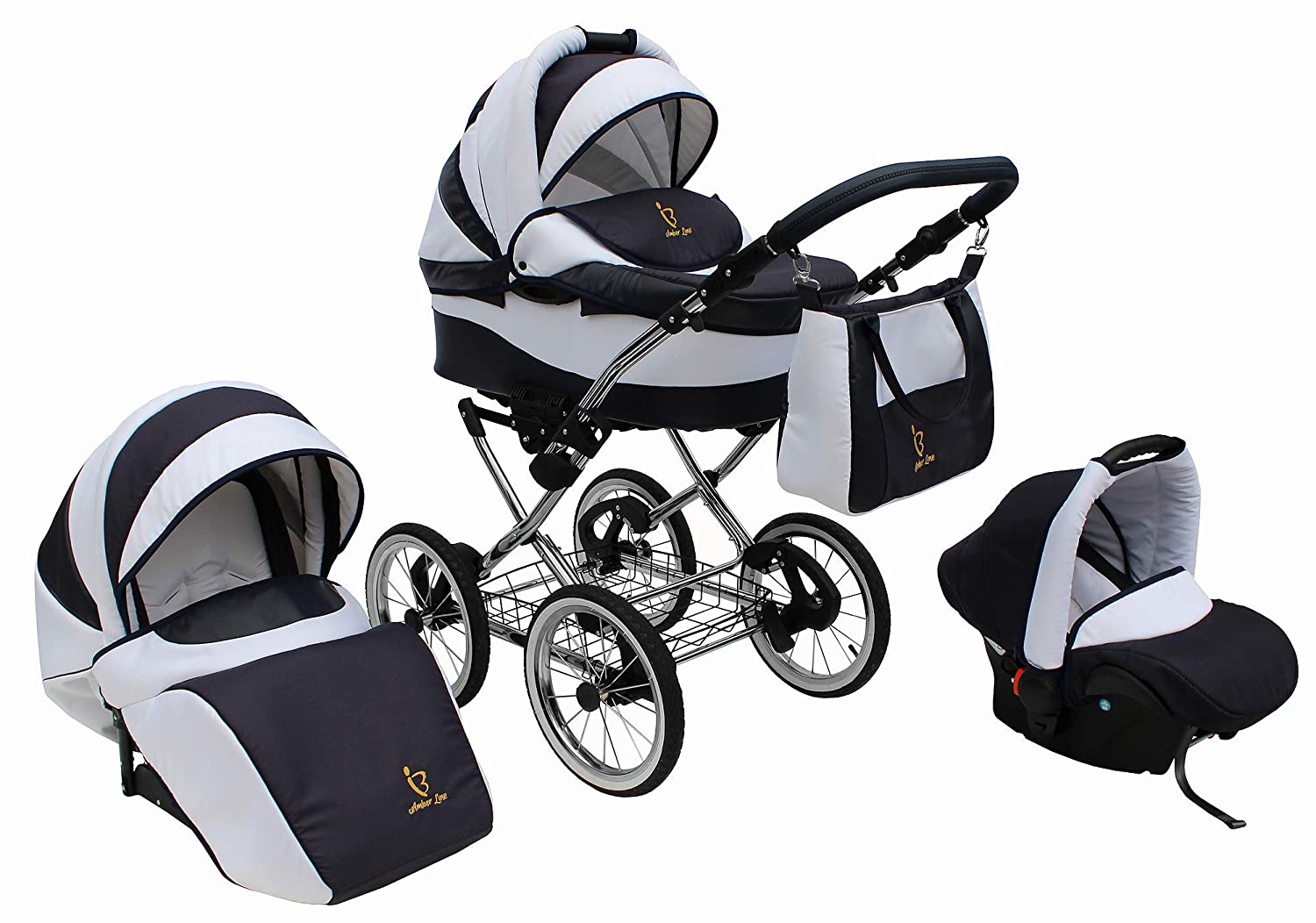 SKYLINE Classic Retro Style Combination Pram Buggy 3-in-1 Travel System Car Seat (Isofix) (Navy/14 Inch Air Tyres)