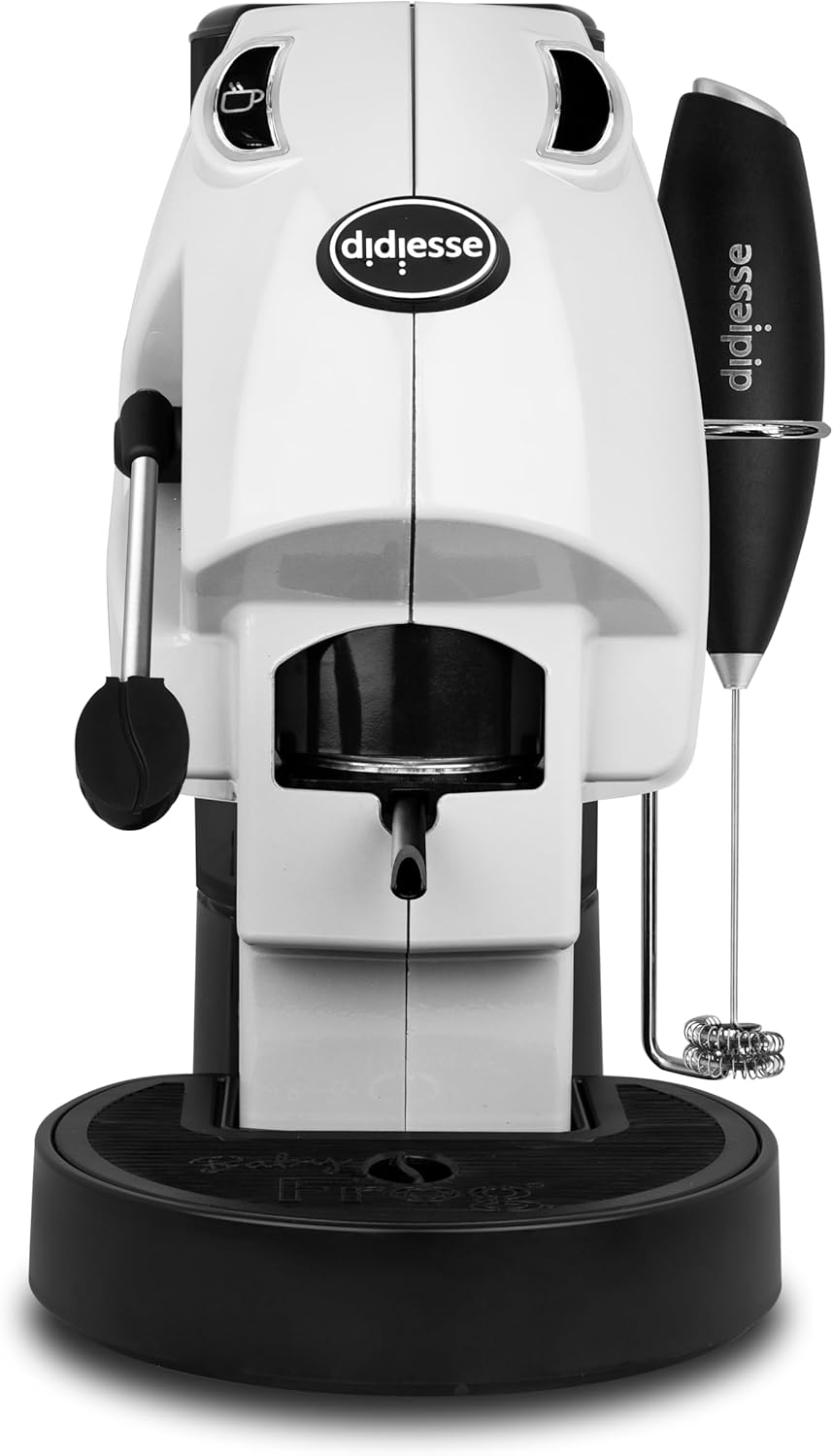 Didiesse Baby Frog Coffee & Tea Pod Maker with Milk Frother and Double Pad Holder for Coffee and Tea, Low Consumption 450W Hot Water Dispenser (White)
