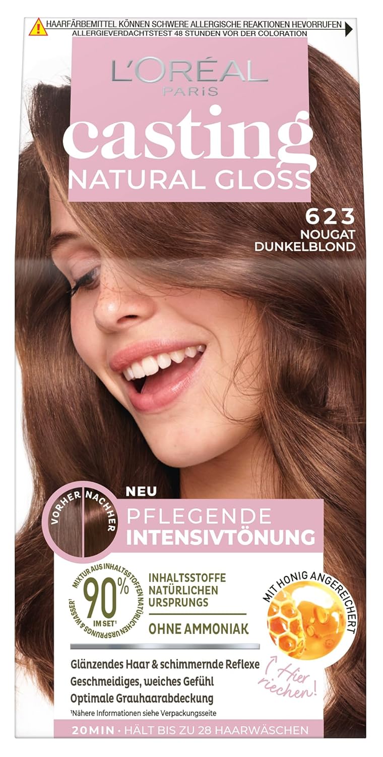 L\'Oréal Paris Casting Natural Gloss Hair Color, Intensive Tint, for All Skin Types, No Ammonia and Silicone, Cover Gray Hair, No. 623 Nougat Dark Blonde (Blonde), 1 piece