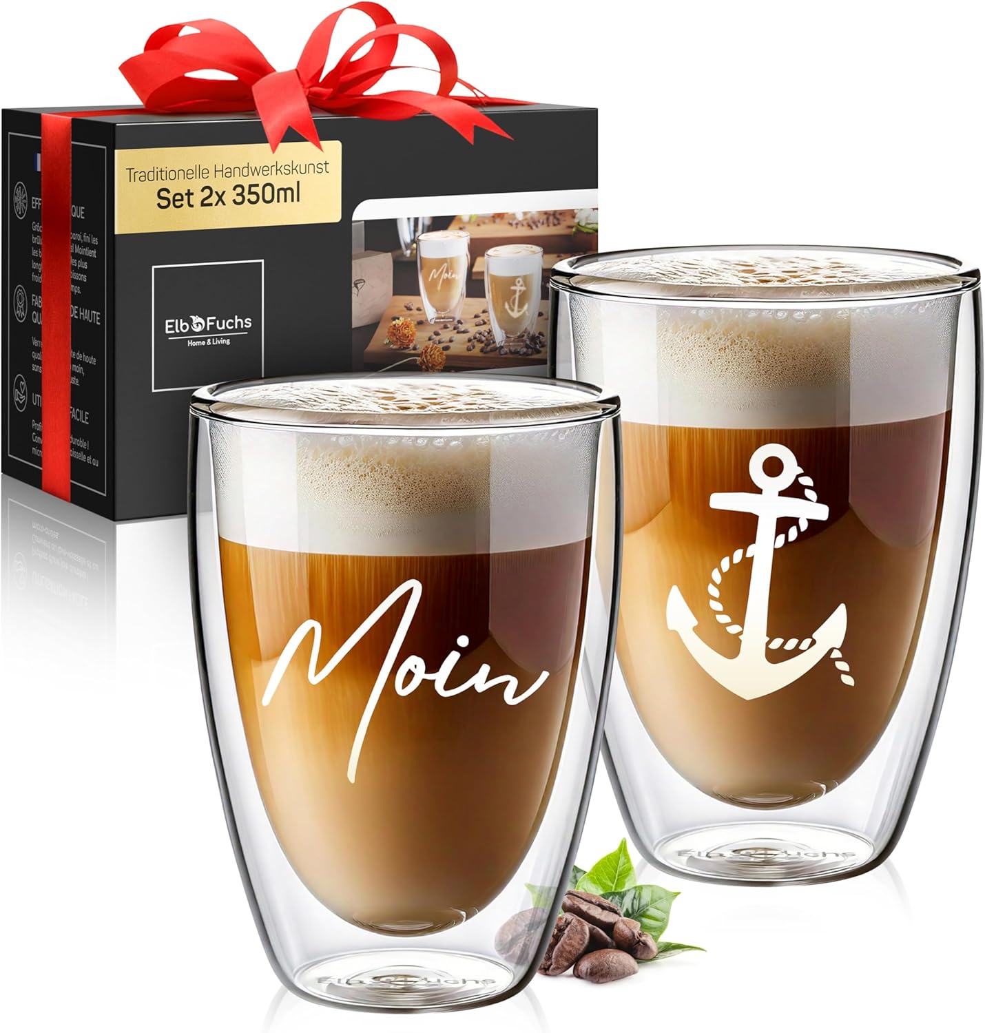 Double-Walled Latte Macchiato Glasses Set, MOIN and ANKER, 2 x 350 ml, Maritime Gift Idea, Ideal as Thermal Glasses for Cappuccino, Coffee Glasses, Tea Glasses