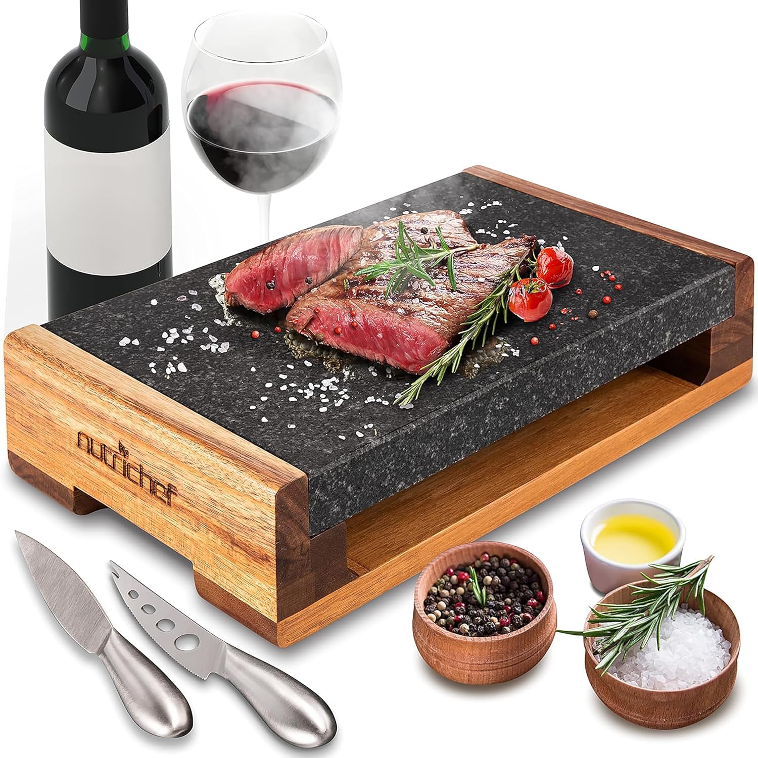 Nutrichef Hot Stone, Lava Stone, Stone Grill for Steak, BBQ & Meat Grilling, Steak Plate with Stainless Steel Knives, Stone Plate - Cooks & Preserves Heat and Taste, Heated Steak Board for Serving